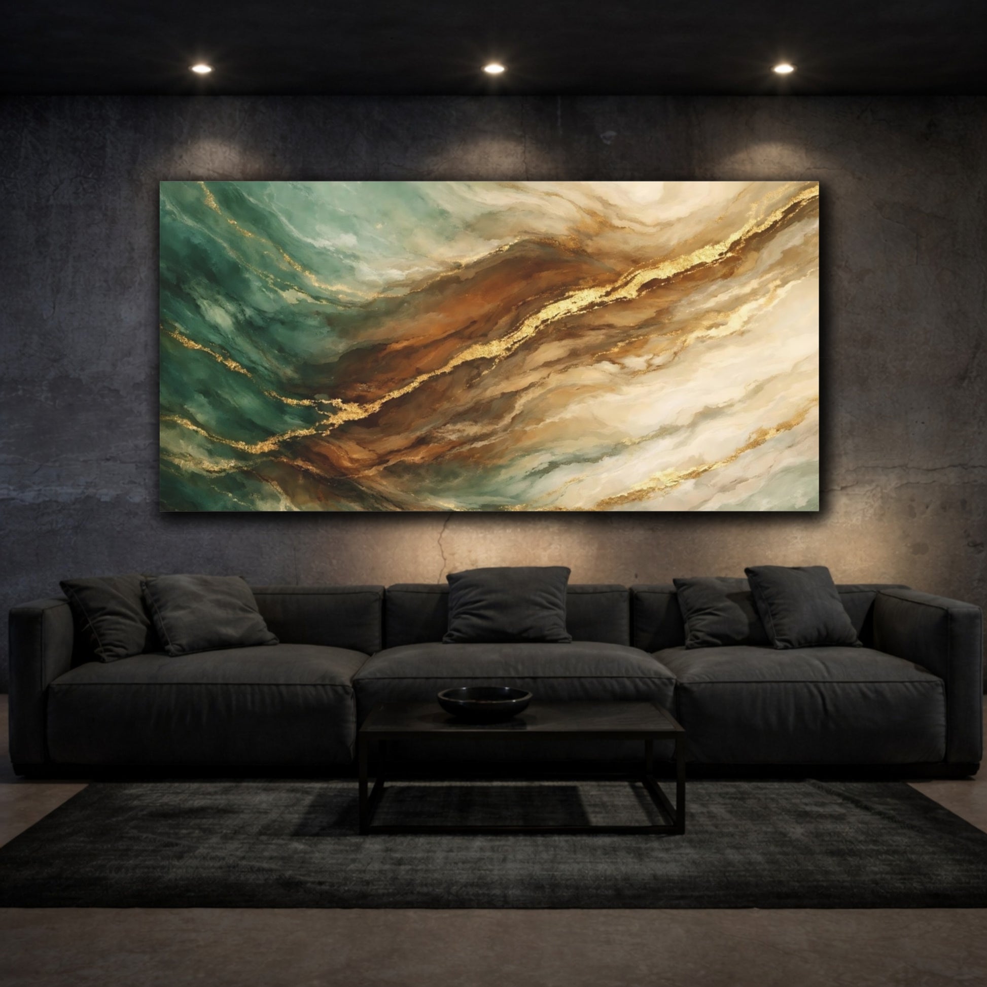 Mockup 2. Abstract Abstract Flow Teal Gold Marble shown as stretched canvas wall art