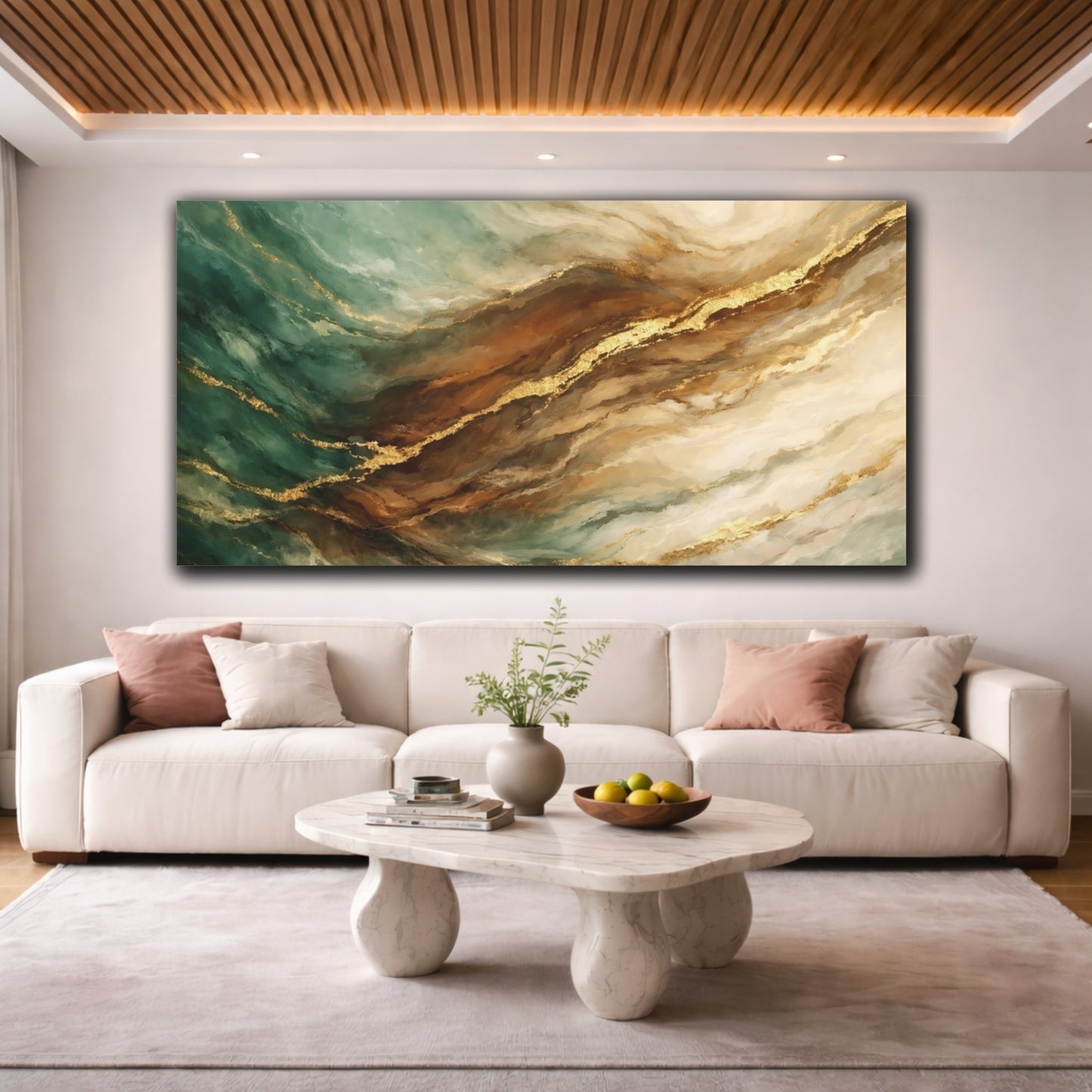Mockup 3. Abstract Abstract Flow Teal Gold Marble shown as stretched canvas wall art