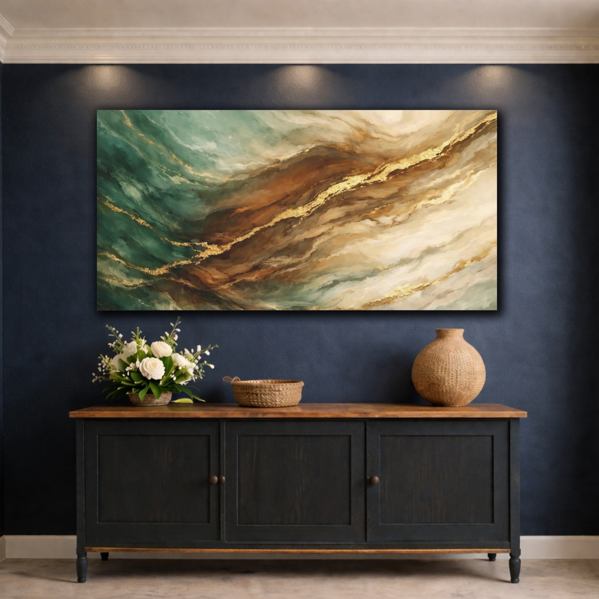 Mockup 4. Abstract Abstract Flow Teal Gold Marble shown as stretched canvas wall art