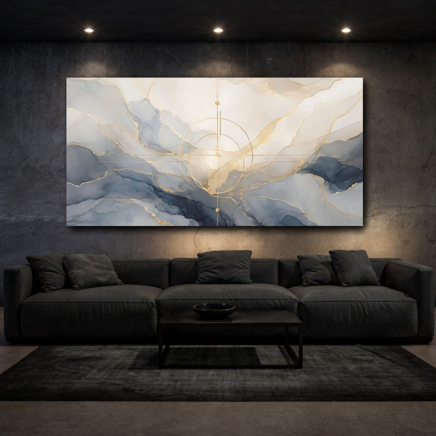 Mockup 2. Abstract Abstract Fluid Blue And Gold shown as stretched canvas wall art