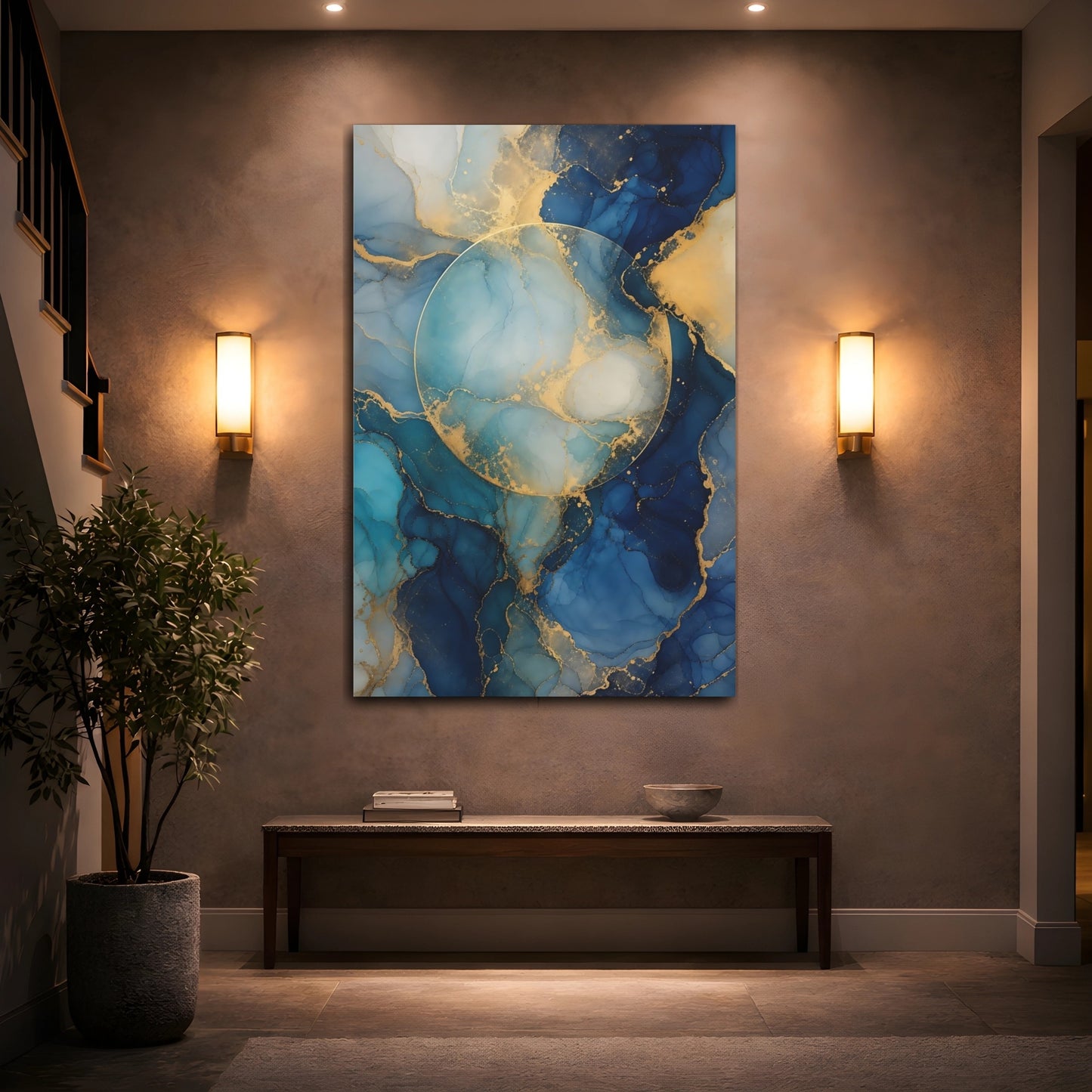Mockup 2. Abstract Abstract Fluid Blue And Gold shown as stretched canvas wall art