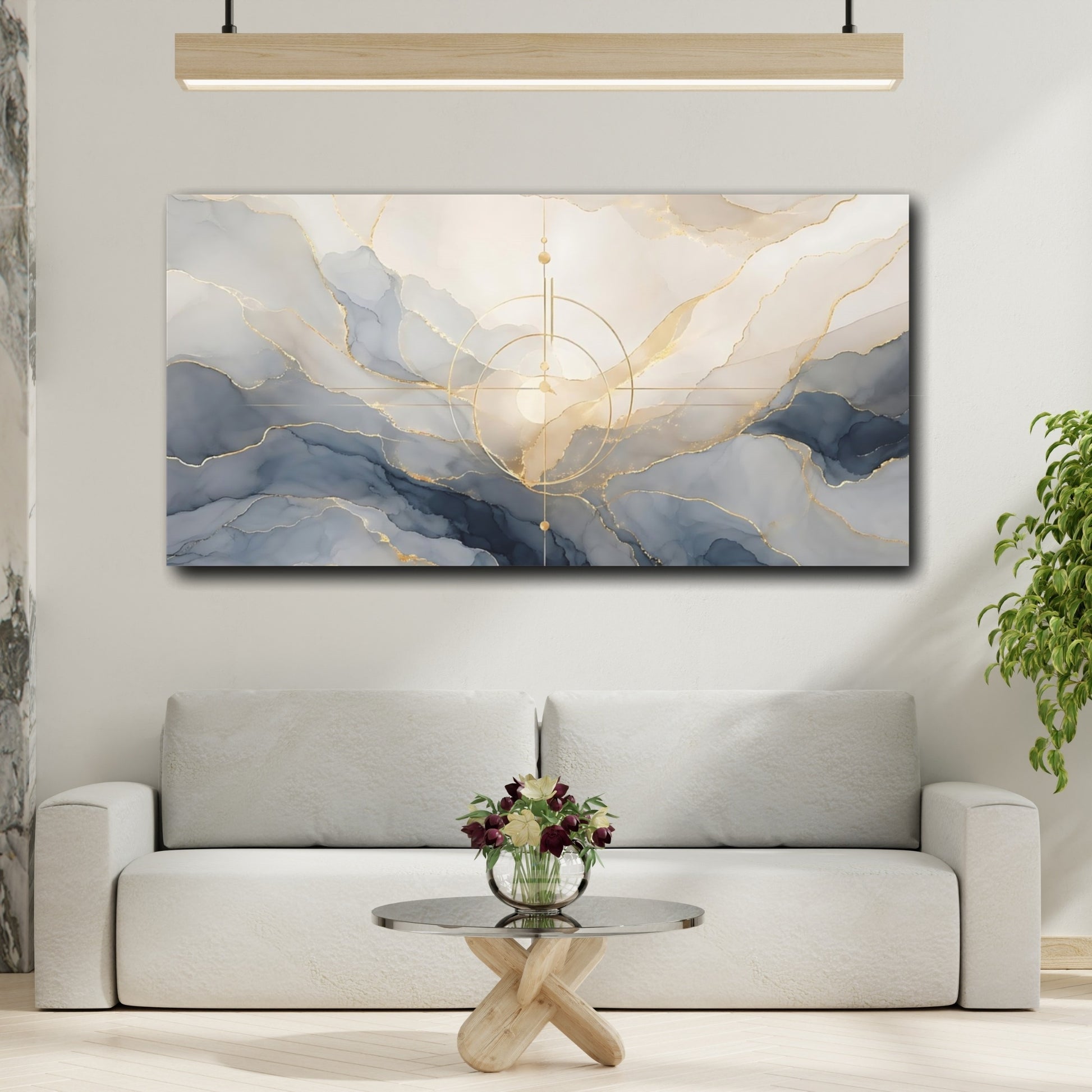 Mockup 3. Abstract Abstract Fluid Blue And Gold shown as stretched canvas wall art