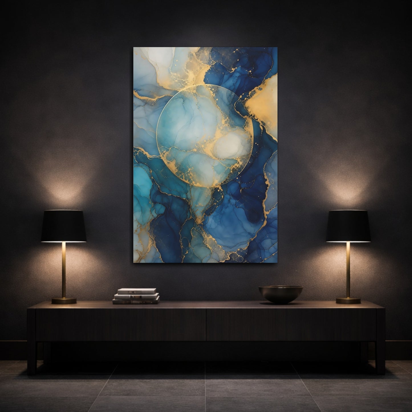 Mockup 3. Abstract Abstract Fluid Blue And Gold shown as stretched canvas wall art
