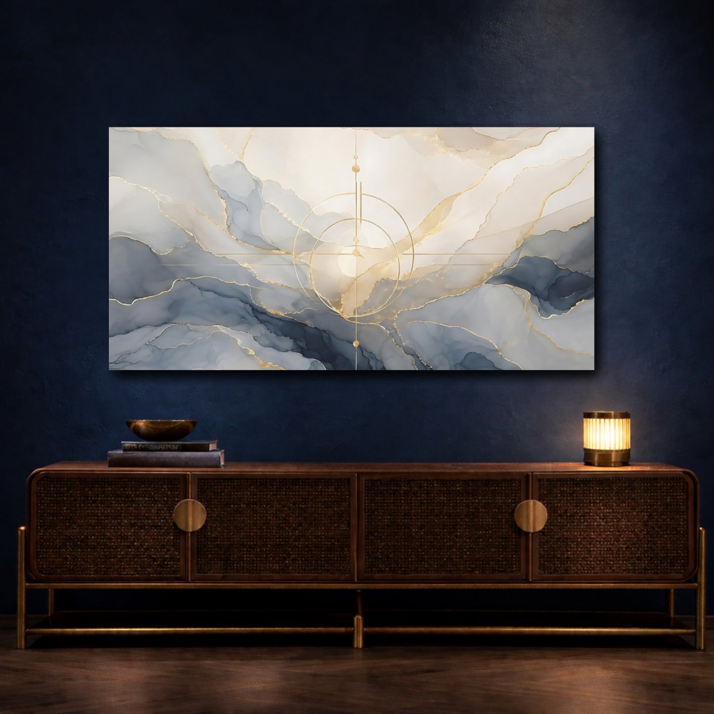Mockup 4. Abstract Abstract Fluid Blue And Gold shown as stretched canvas wall art