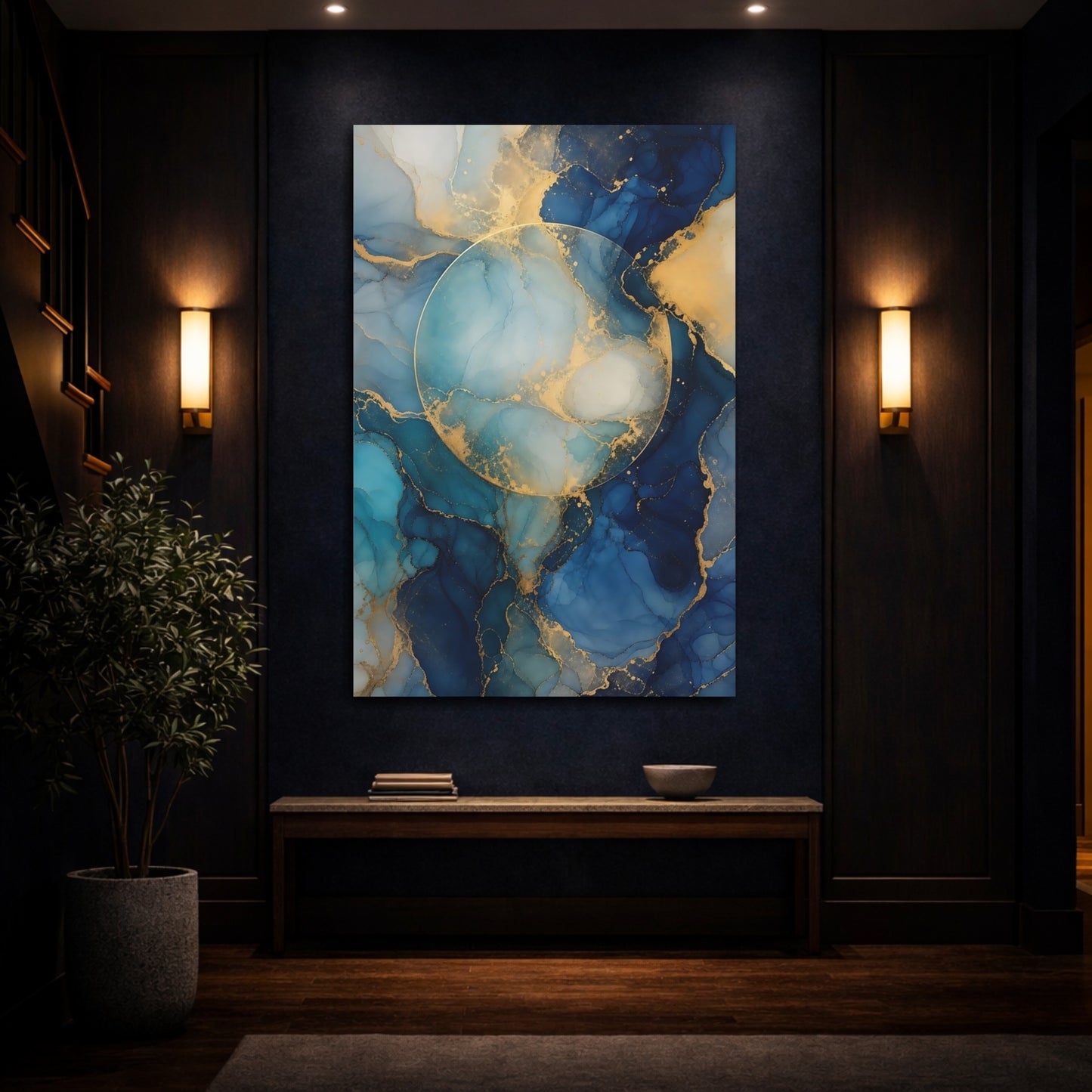 Mockup 4. Abstract Abstract Fluid Blue And Gold shown as stretched canvas wall art