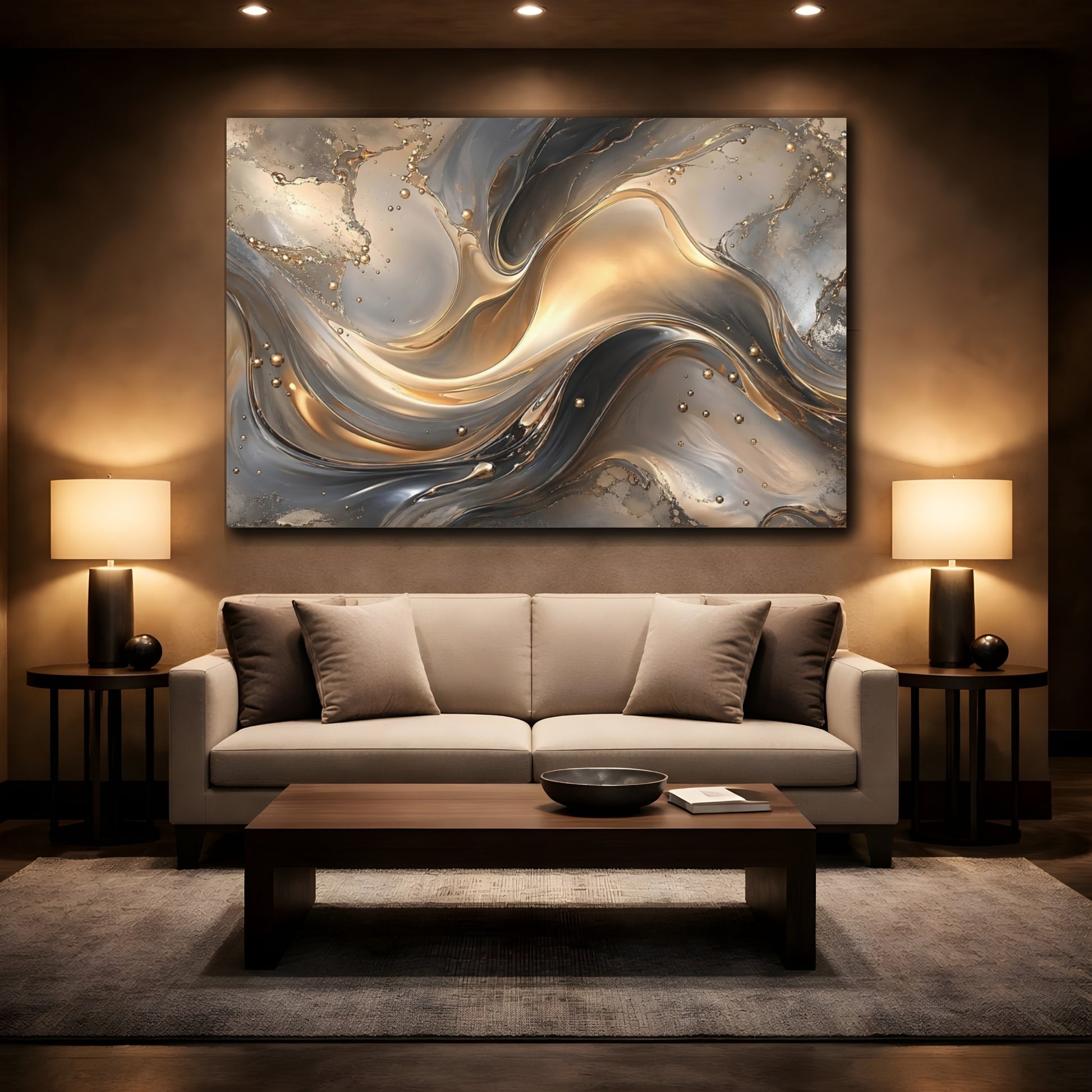 Mockup 2. Abstract Abstract Fluid Gold And Gray shown as stretched canvas wall art