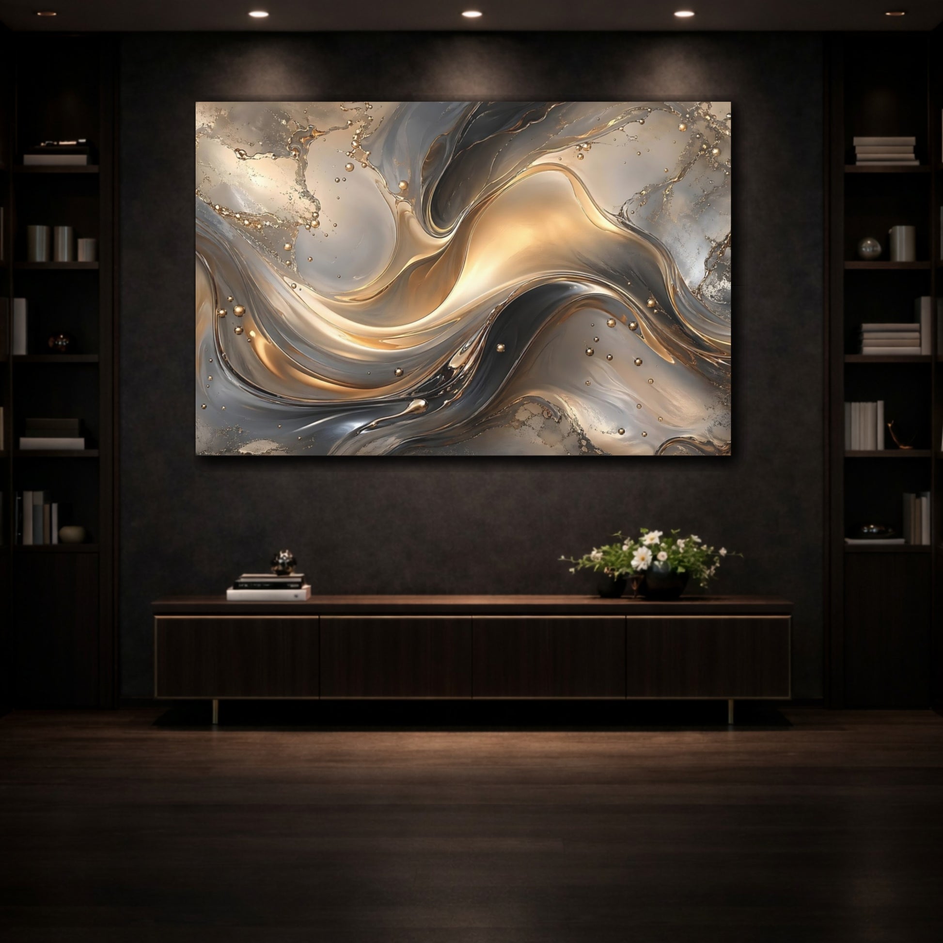 Mockup 3. Abstract Abstract Fluid Gold And Gray shown as stretched canvas wall art