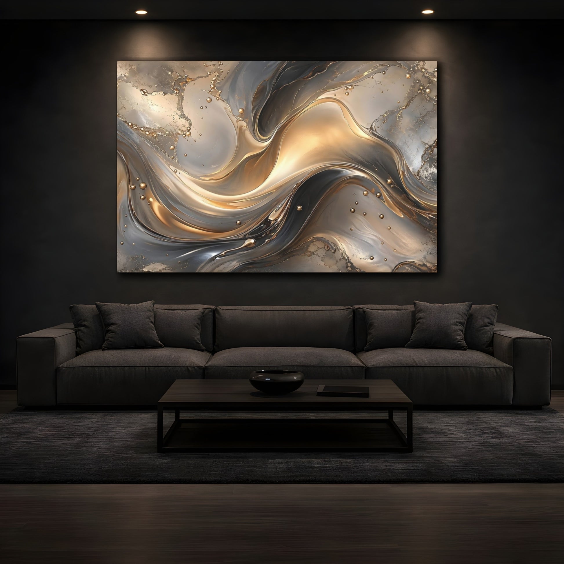 Mockup 4. Abstract Abstract Fluid Gold And Gray shown as stretched canvas wall art