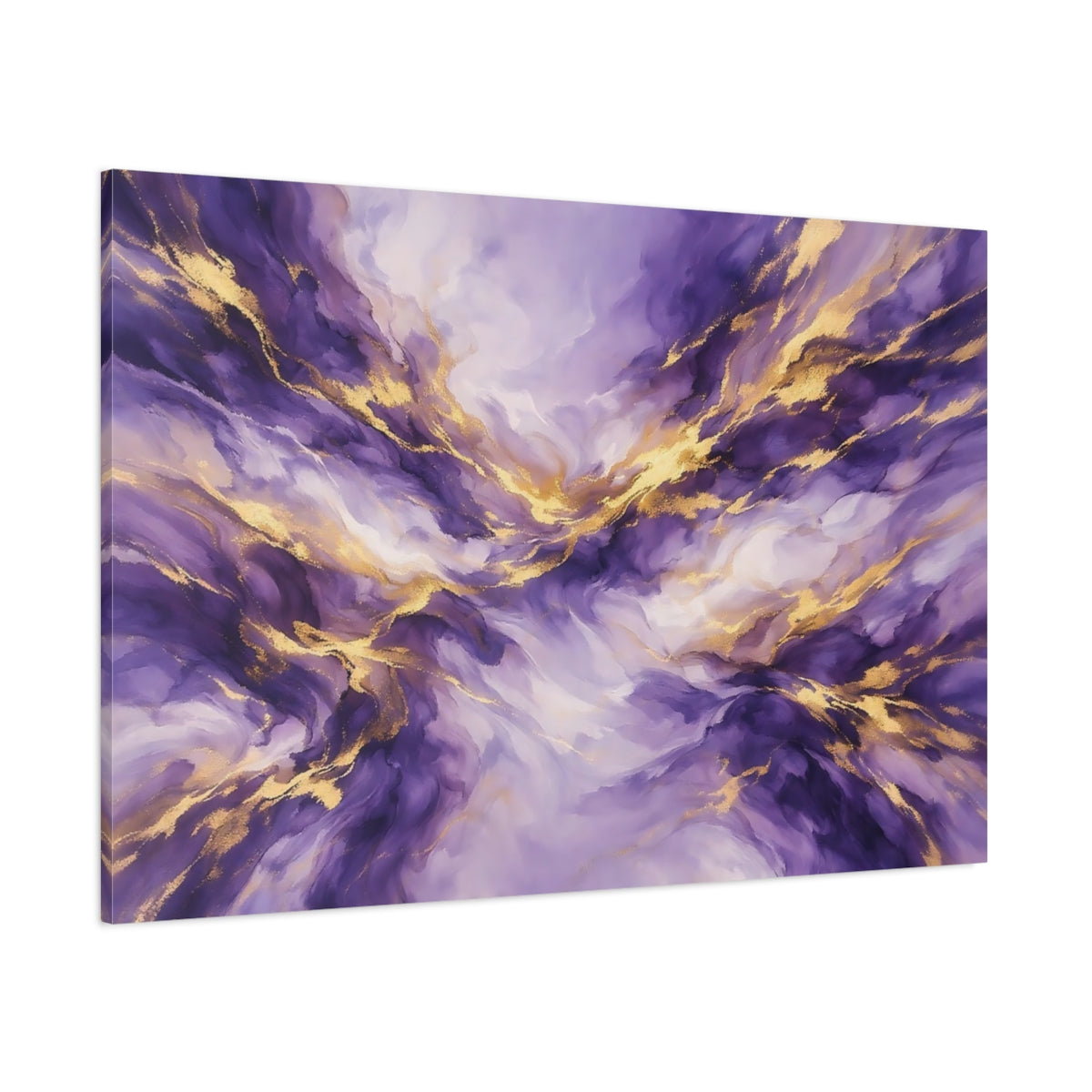 Main Mockup. Abstract Abstract Fluid Purple And Gold shown as stretched canvas wall art