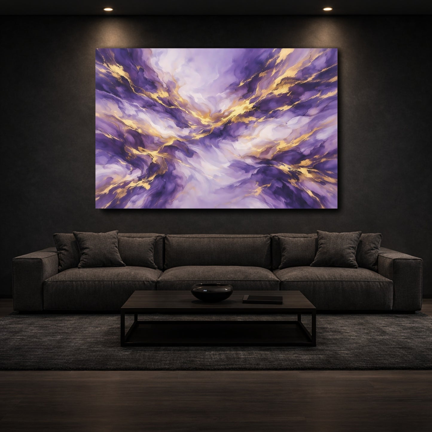 Mockup 2. Abstract Abstract Fluid Purple And Gold shown as stretched canvas wall art