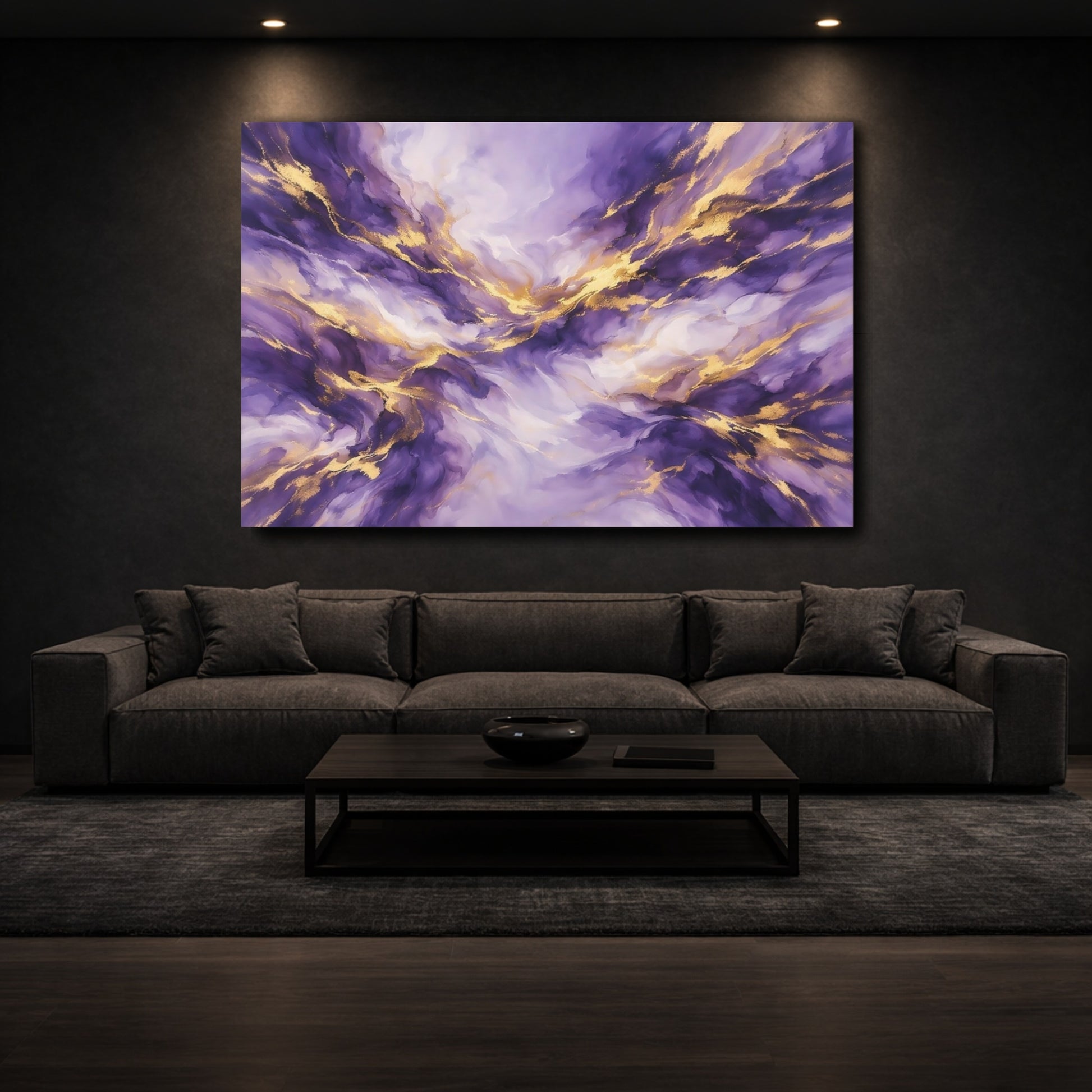 Mockup 2. Abstract Abstract Fluid Purple And Gold shown as stretched canvas wall art