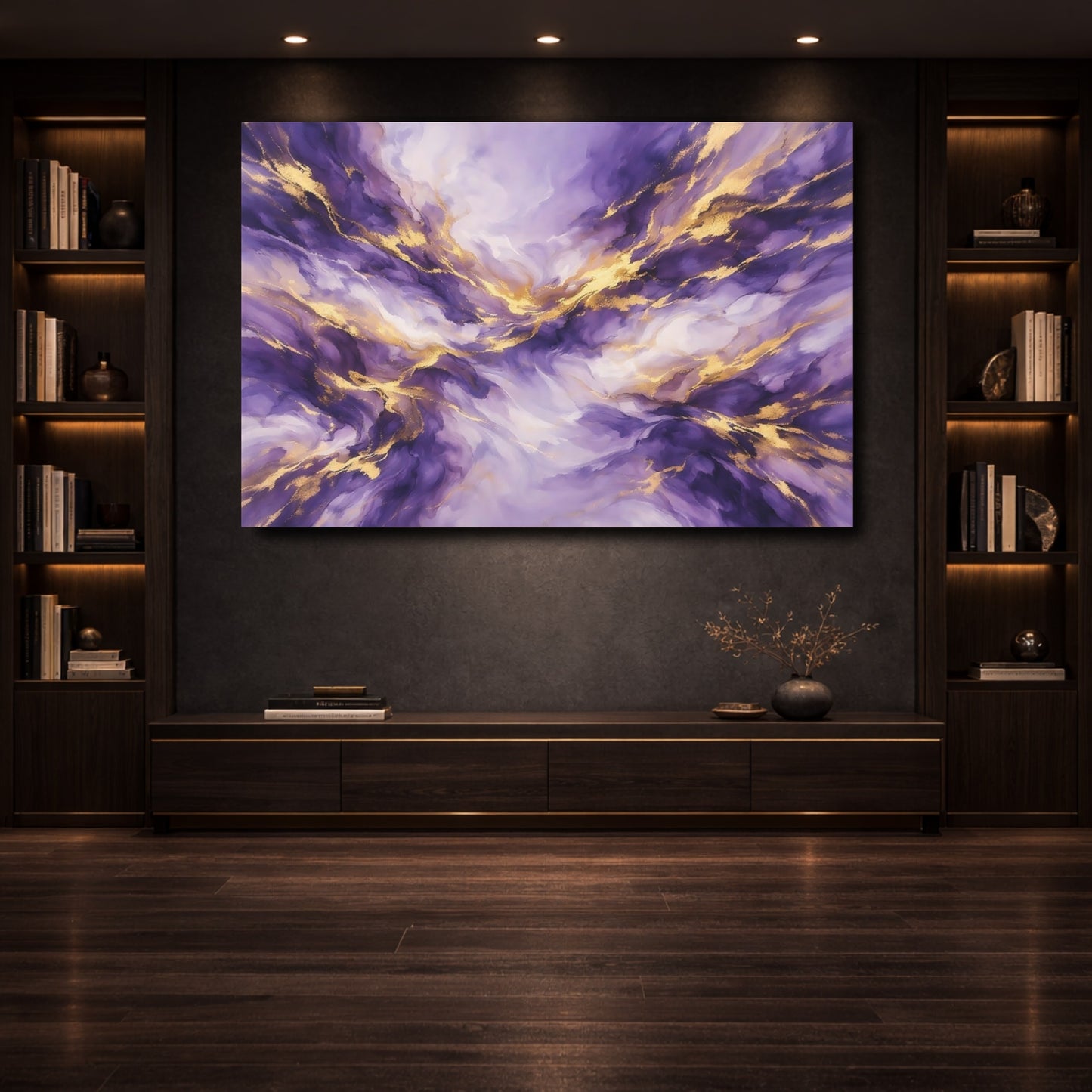 Mockup 3. Abstract Abstract Fluid Purple And Gold shown as stretched canvas wall art