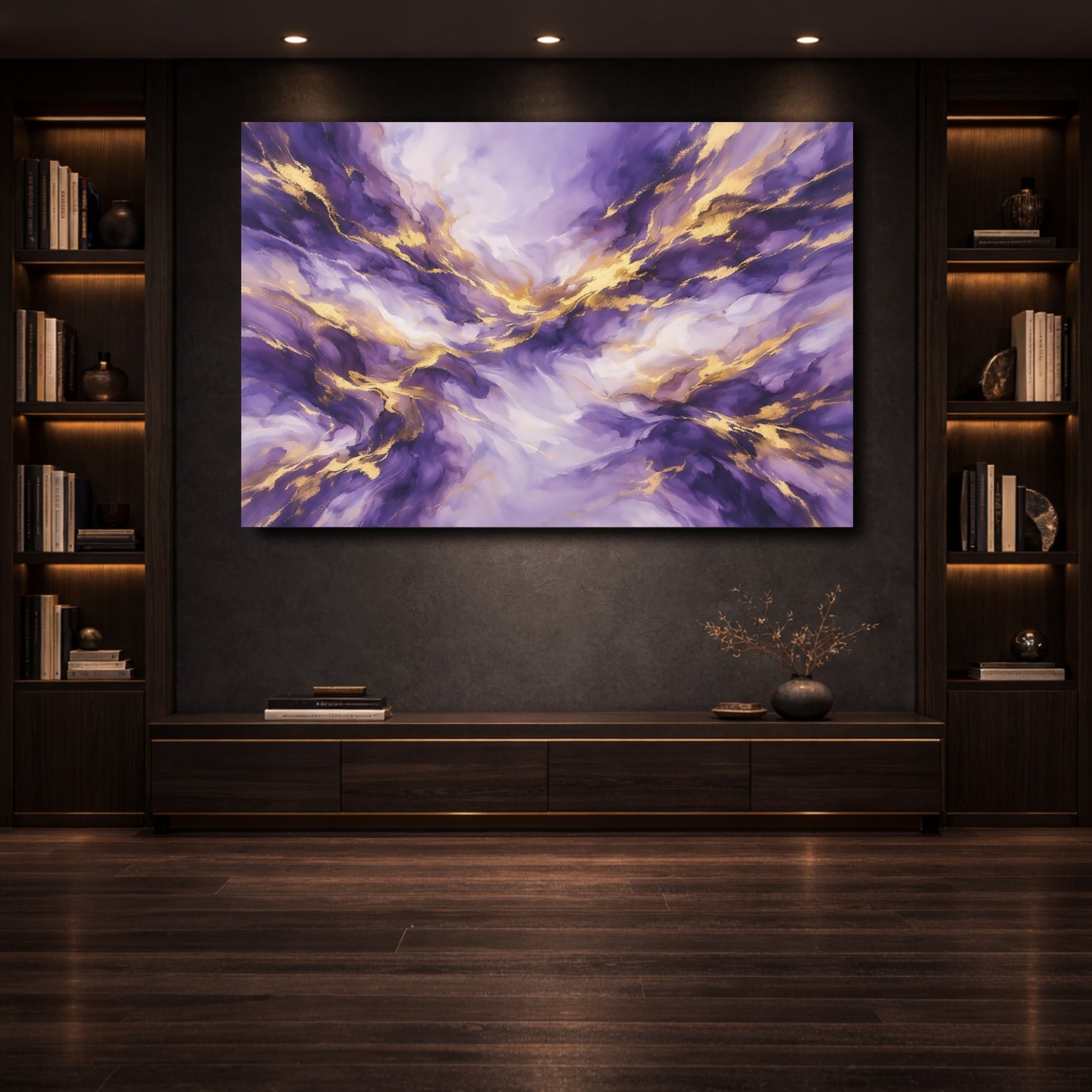 Mockup 3. Abstract Abstract Fluid Purple And Gold shown as stretched canvas wall art