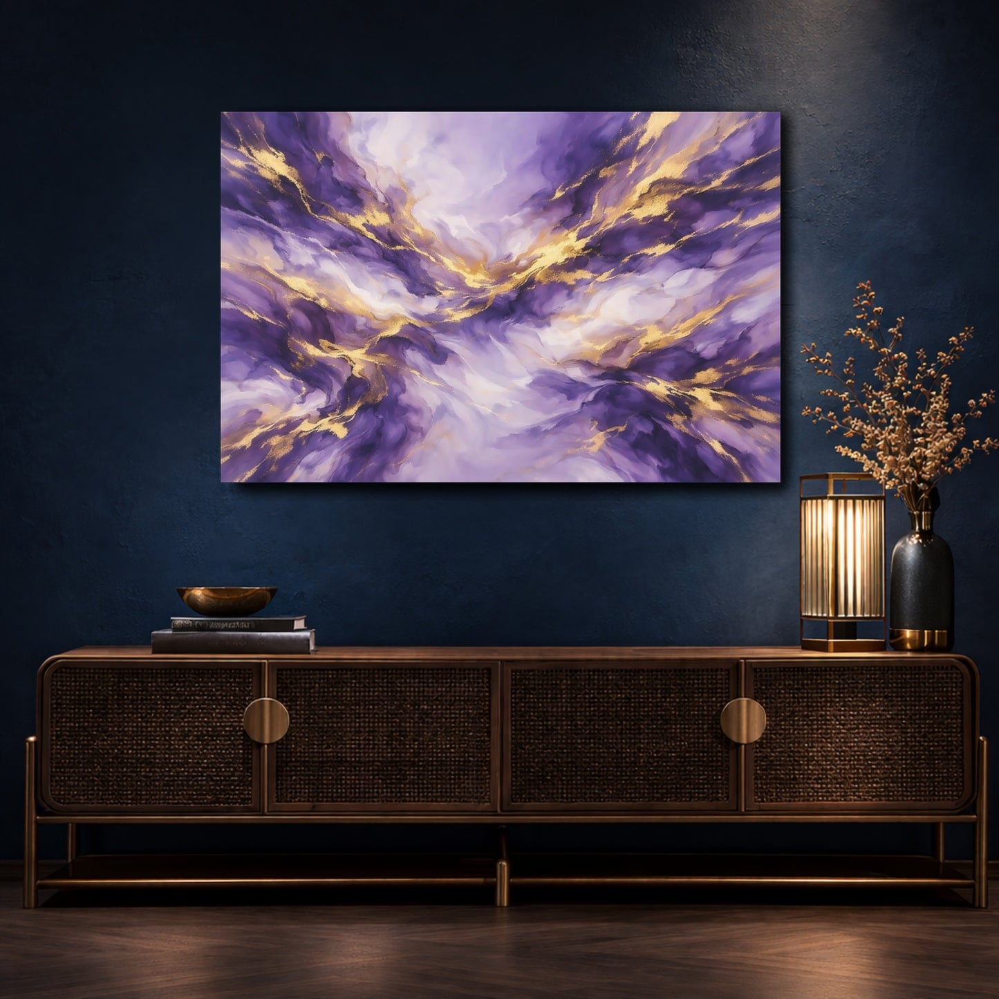 Mockup 4. Abstract Abstract Fluid Purple And Gold shown as stretched canvas wall art