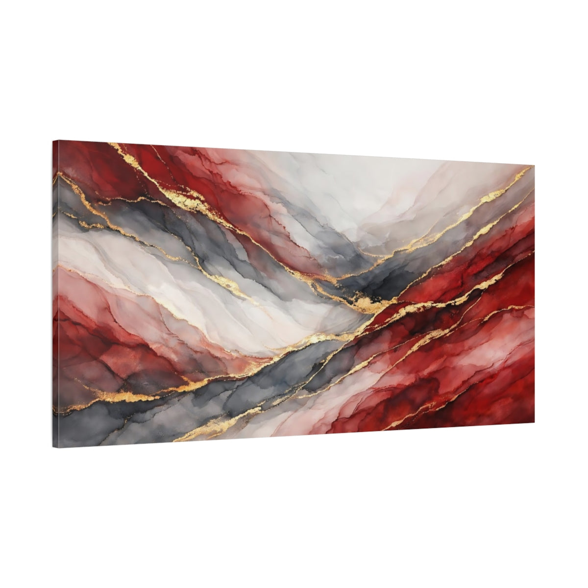 Main Mockup. Abstract Abstract Fluid Red And Gold Abstract shown as stretched canvas wall art