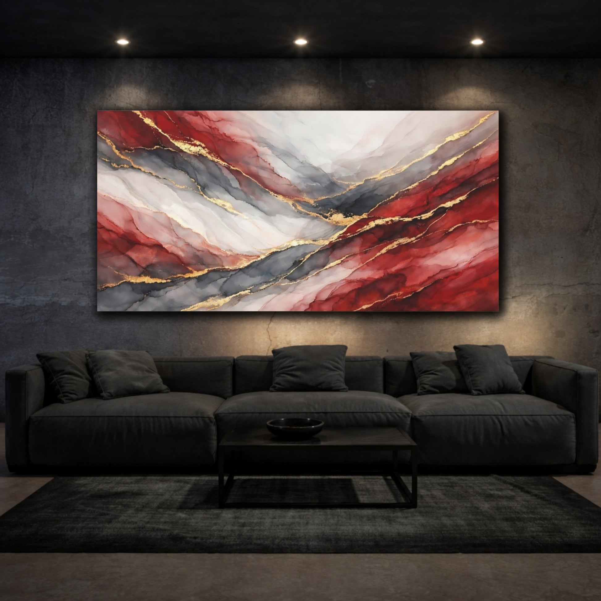 Mockup 2. Abstract Abstract Fluid Red And Gold Abstract shown as stretched canvas wall art