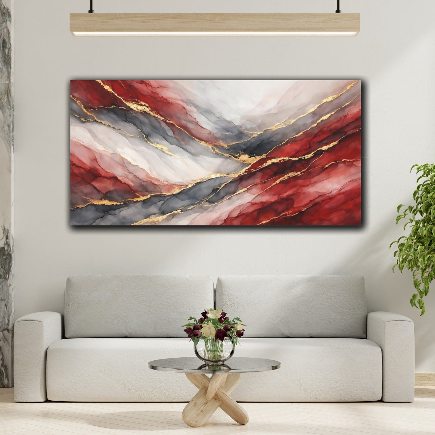 Mockup 3. Abstract Abstract Fluid Red And Gold Abstract shown as stretched canvas wall art