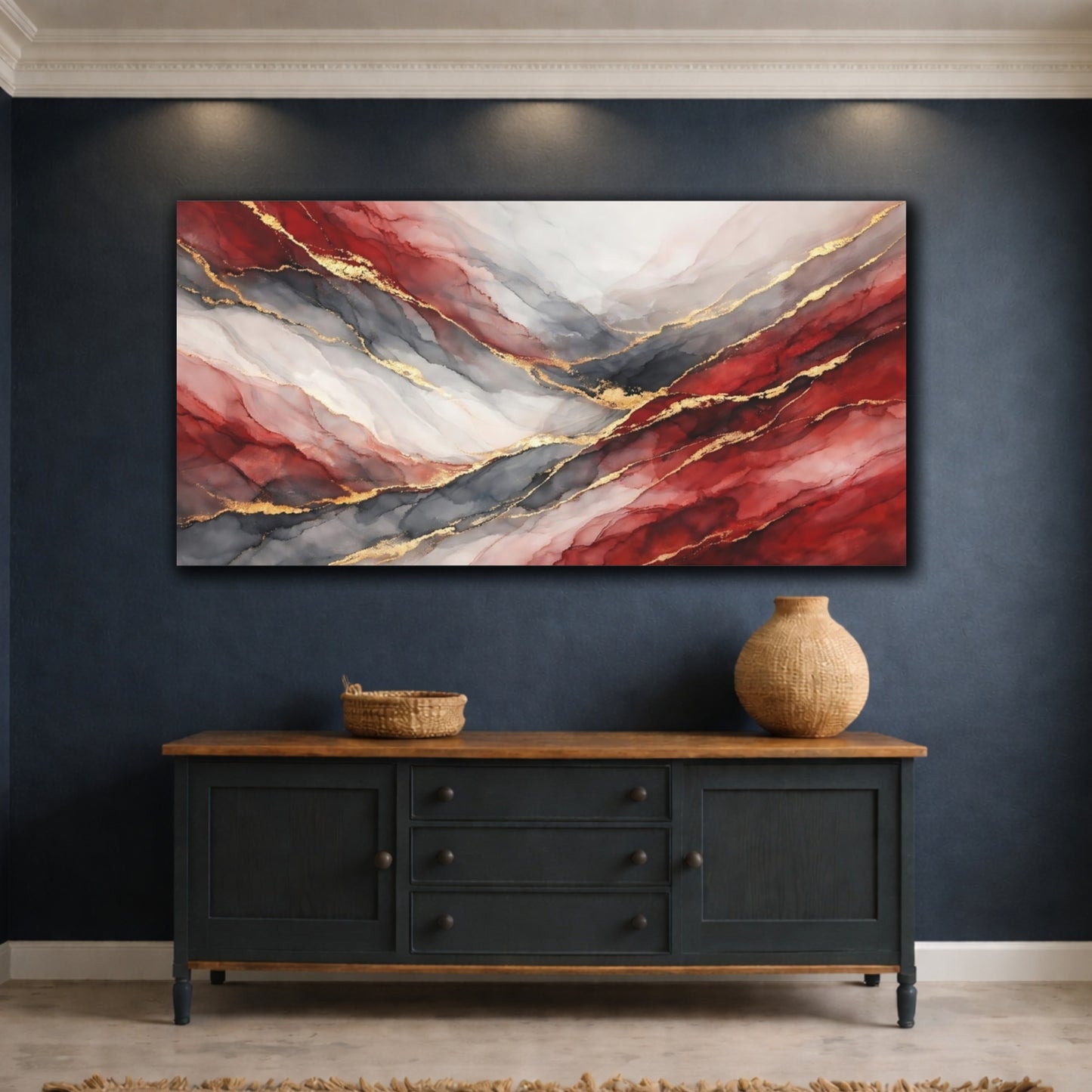 Mockup 4. Abstract Abstract Fluid Red And Gold Abstract shown as stretched canvas wall art