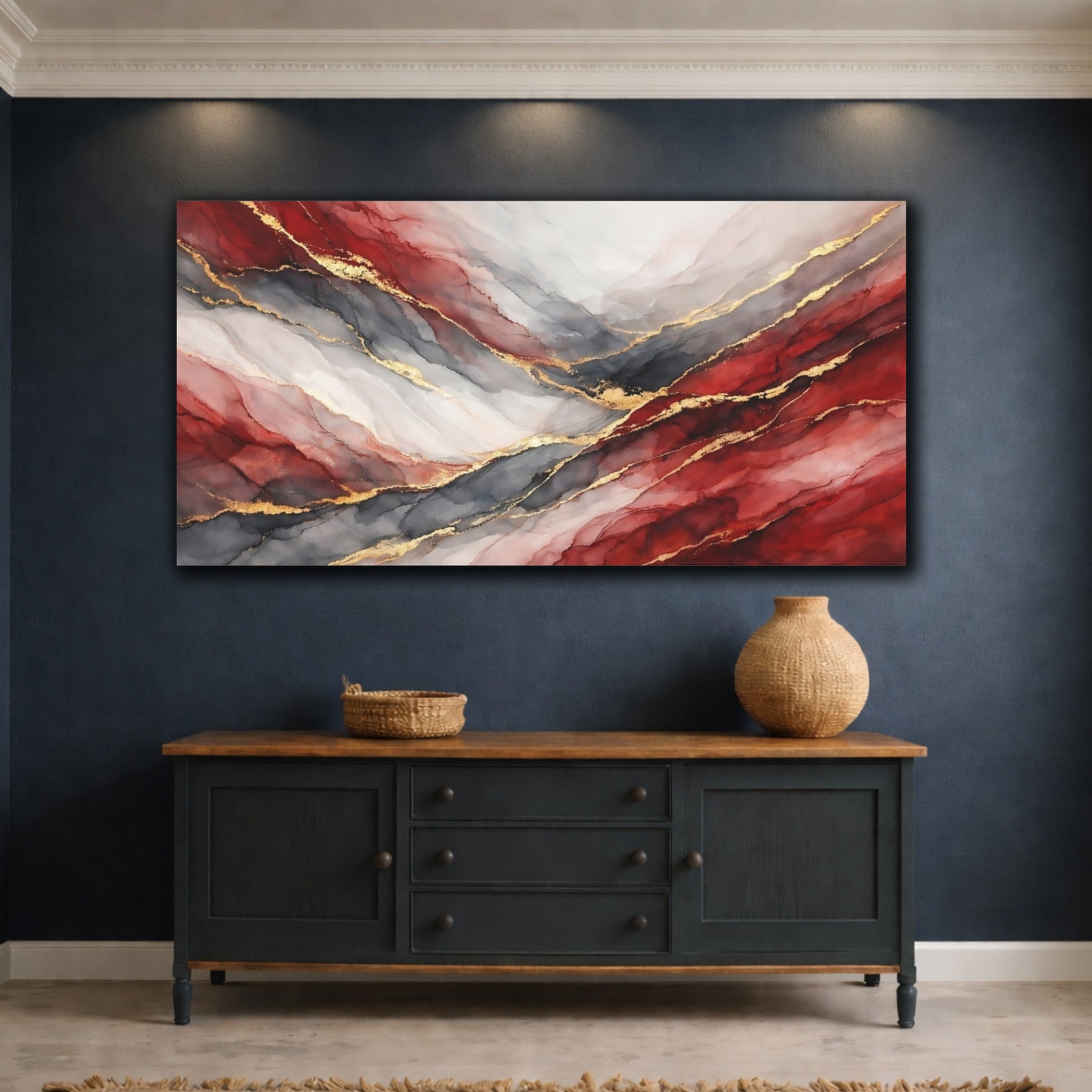 Mockup 4. Abstract Abstract Fluid Red And Gold Abstract shown as stretched canvas wall art