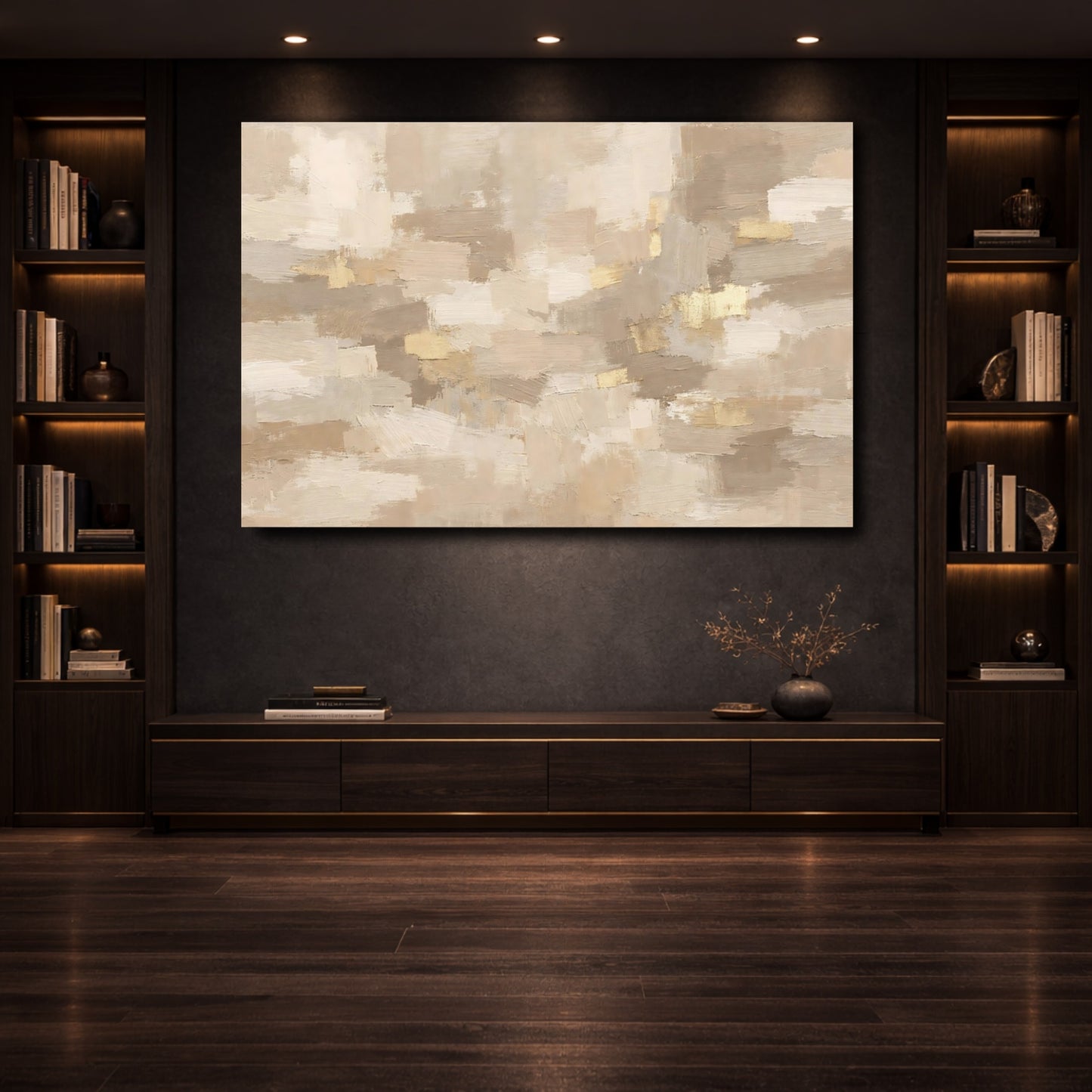 Mockup 3. Abstract Abstract Form Beige Gold Abstract shown as stretched canvas wall art