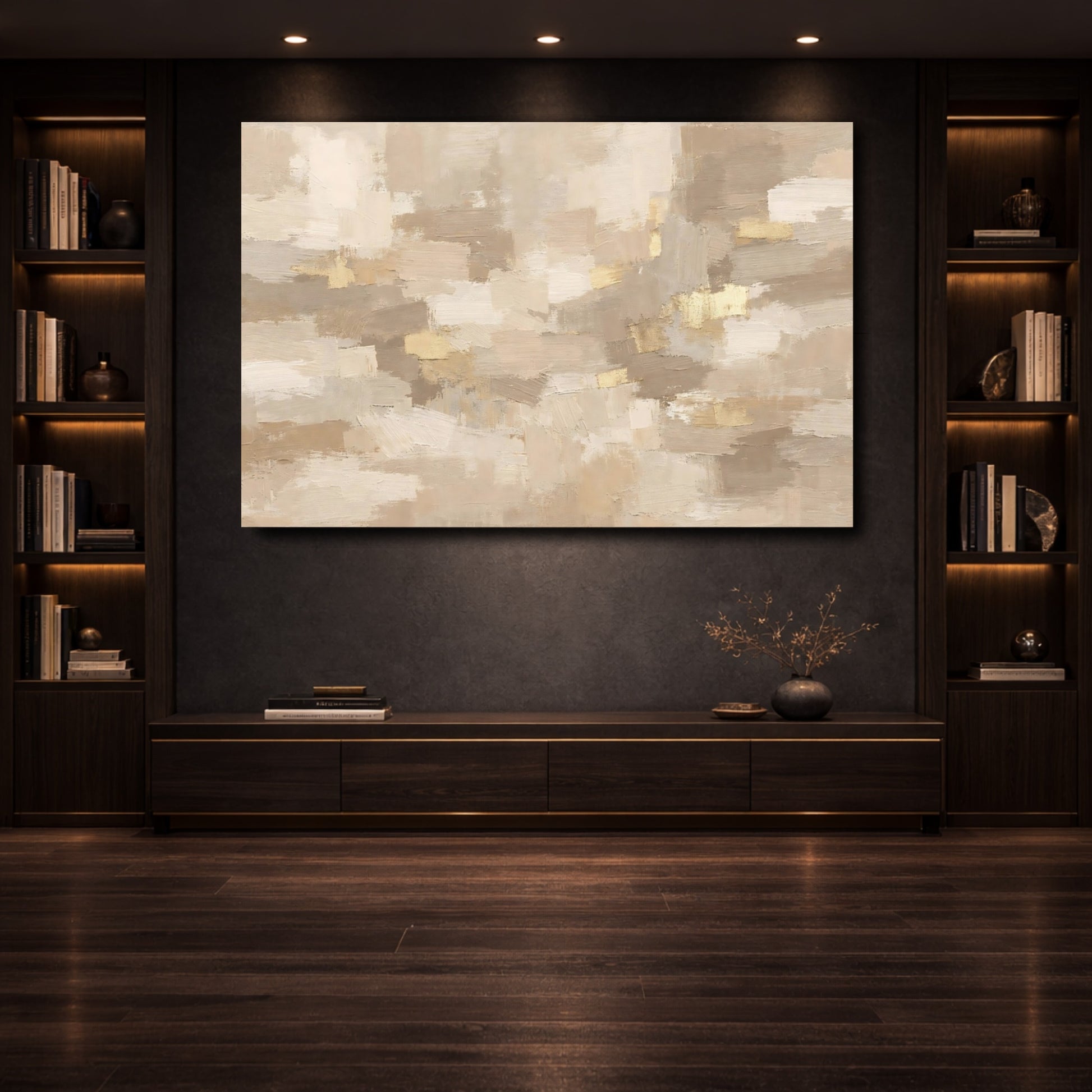 Mockup 3. Abstract Abstract Form Beige Gold Abstract shown as stretched canvas wall art