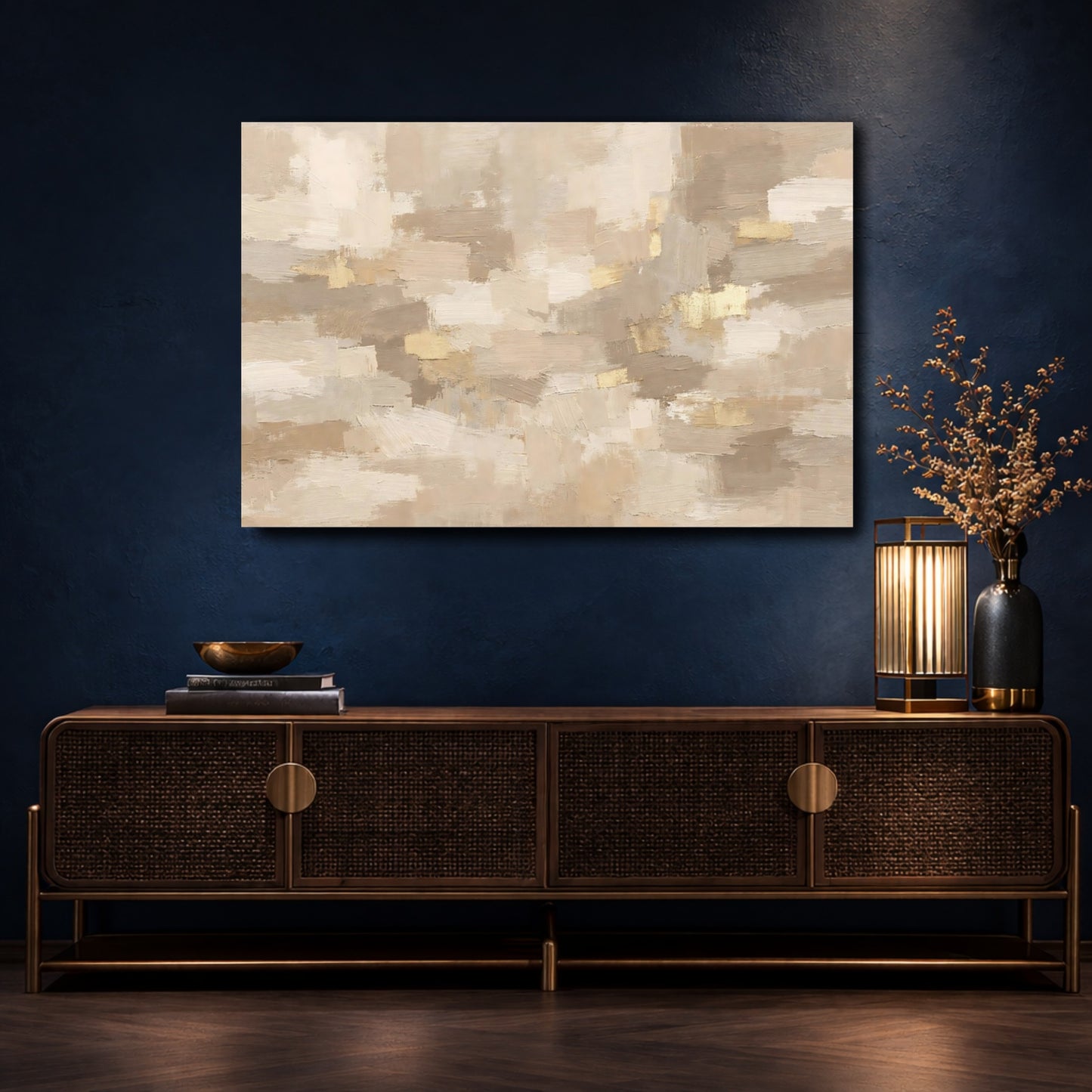 Mockup 4. Abstract Abstract Form Beige Gold Abstract shown as stretched canvas wall art
