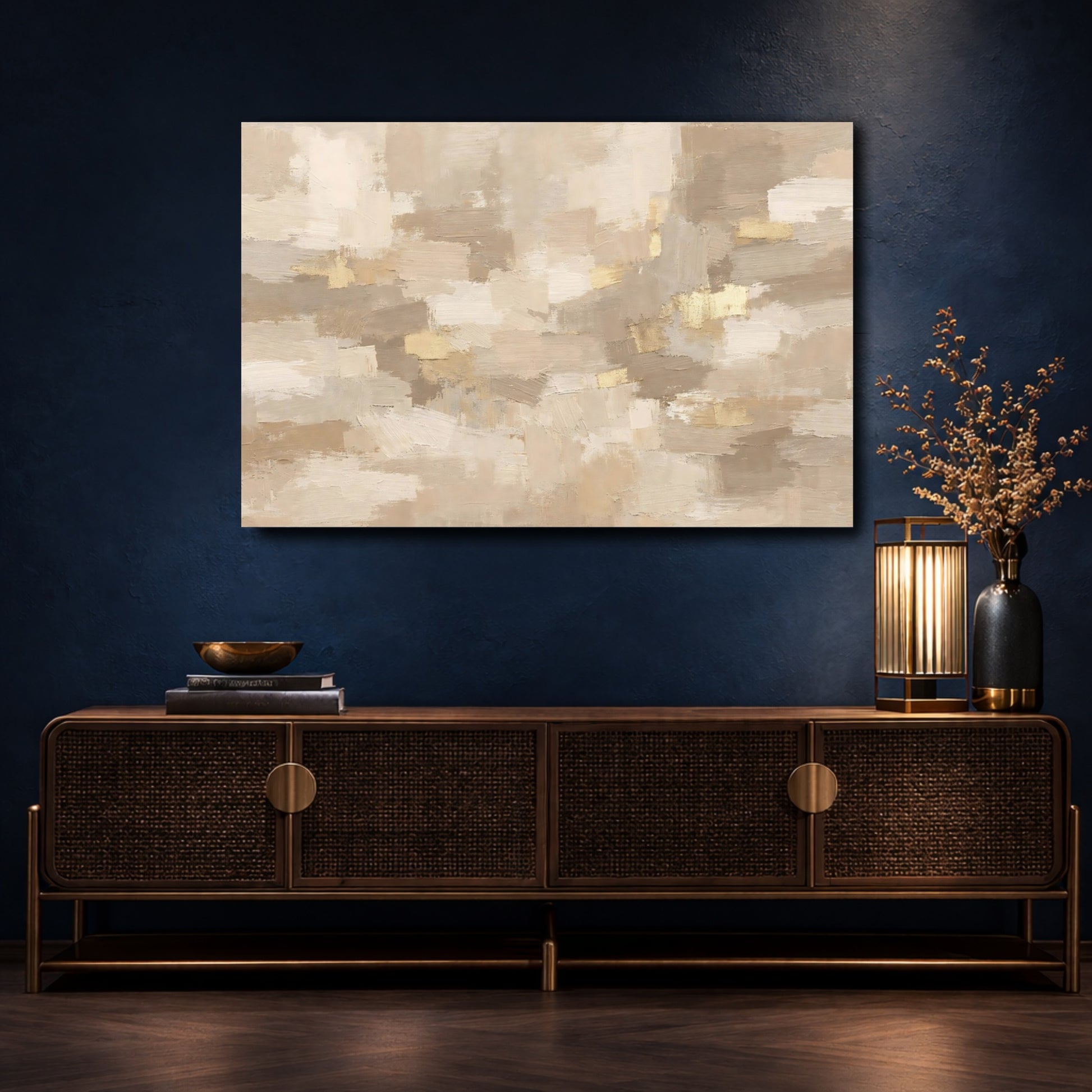 Mockup 4. Abstract Abstract Form Beige Gold Abstract shown as stretched canvas wall art