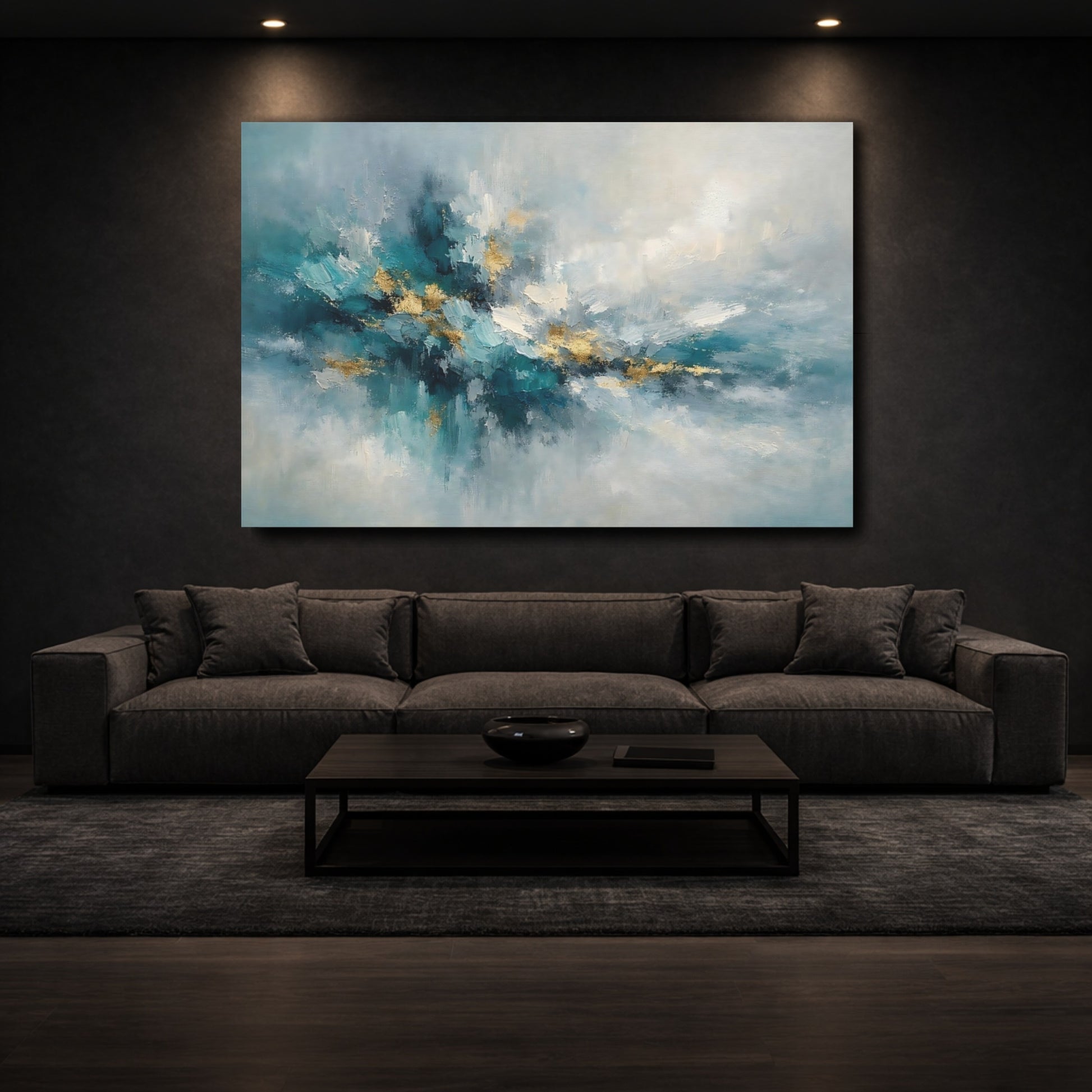 Mockup 2. Abstract Abstract Form Teal And Gold shown as stretched canvas wall art