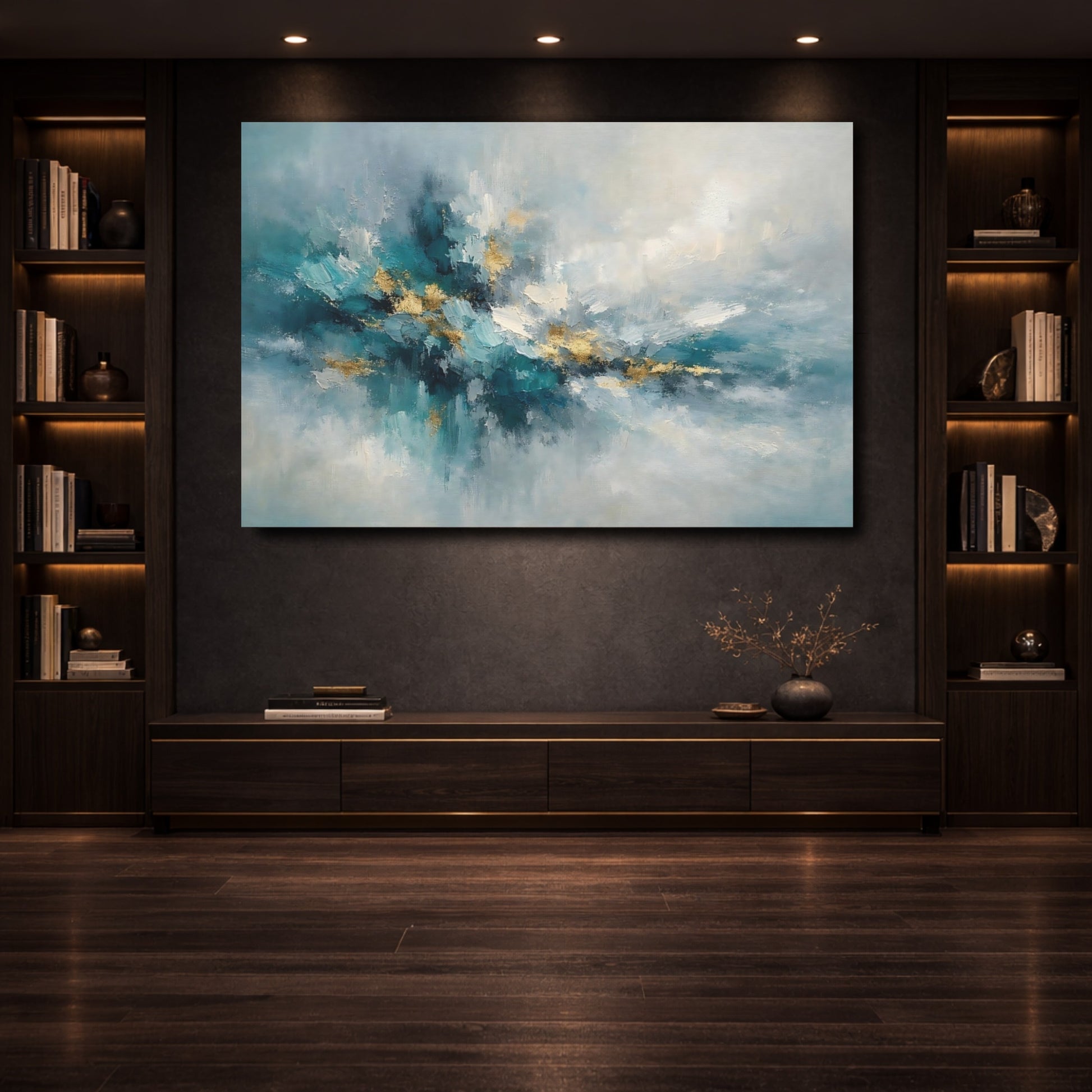 Mockup 3. Abstract Abstract Form Teal And Gold shown as stretched canvas wall art