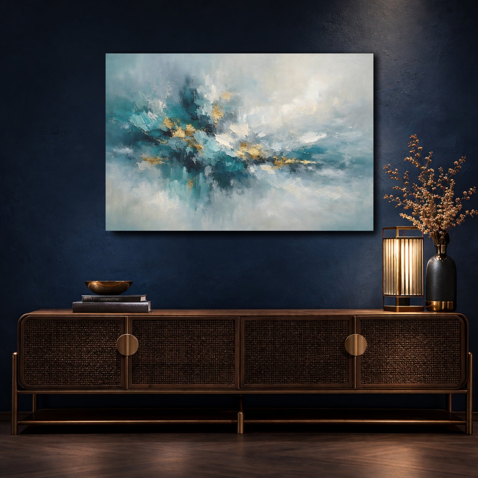 Mockup 4. Abstract Abstract Form Teal And Gold shown as stretched canvas wall art