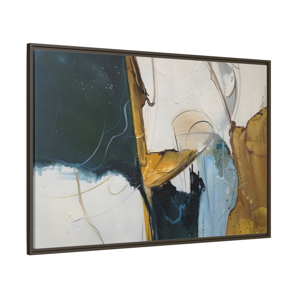 Main Mockup. Abstract Abstract Forms Abstract Green Gold shown as stretched canvas wall art