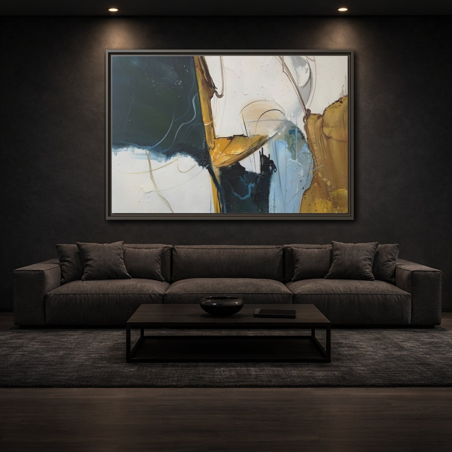 Mockup 2. Abstract Abstract Forms Abstract Green Gold shown as stretched canvas wall art