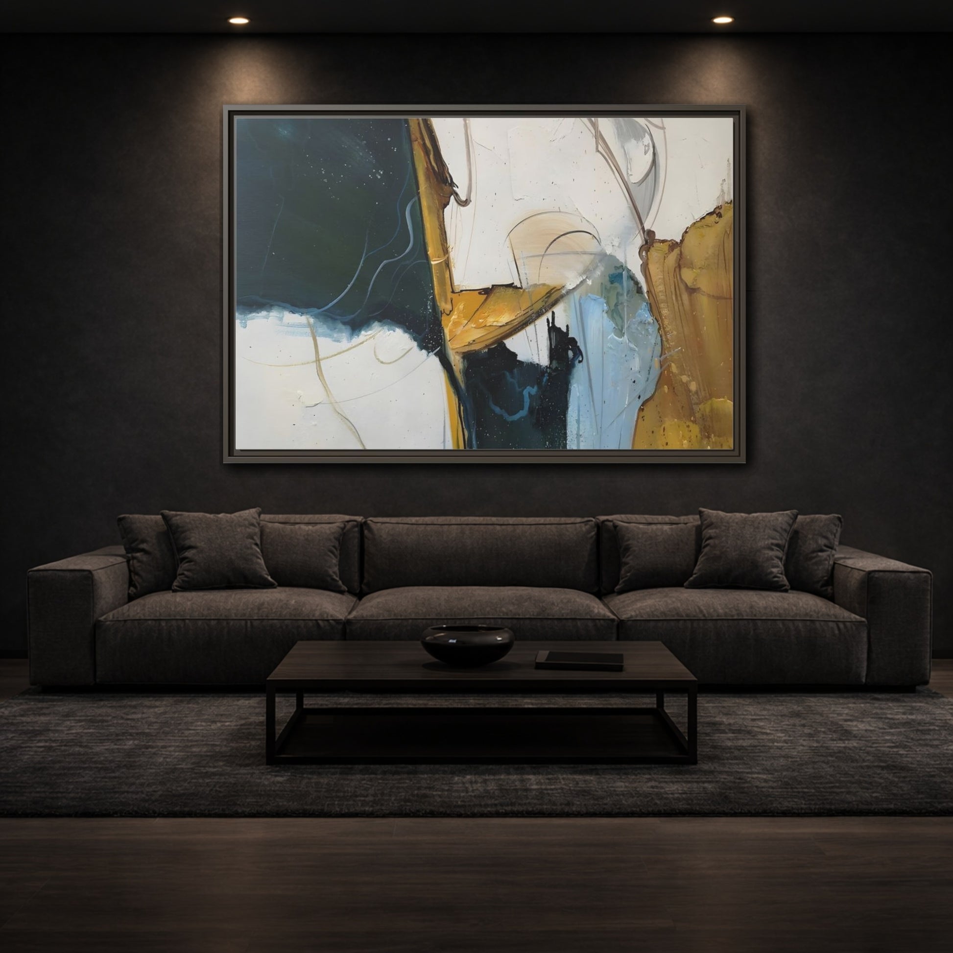 Mockup 2. Abstract Abstract Forms Abstract Green Gold shown as stretched canvas wall art