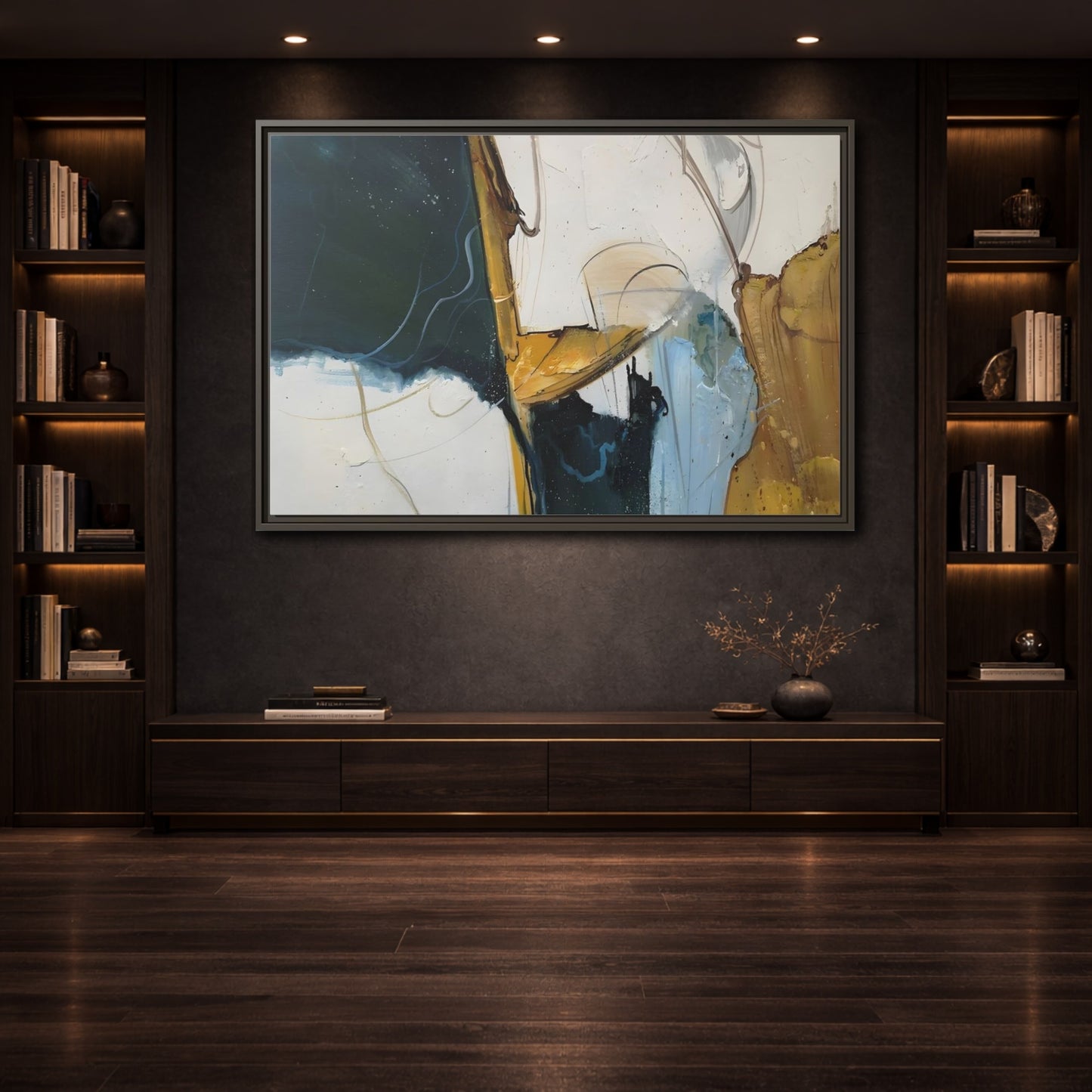 Mockup 3. Abstract Abstract Forms Abstract Green Gold shown as stretched canvas wall art