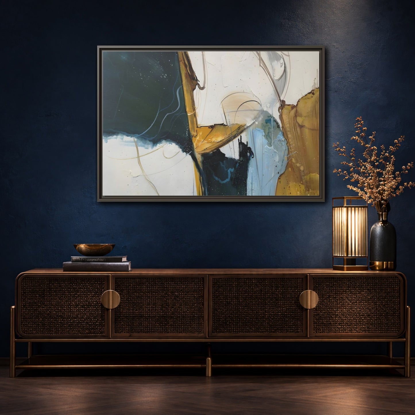 Mockup 4. Abstract Abstract Forms Abstract Green Gold shown as stretched canvas wall art