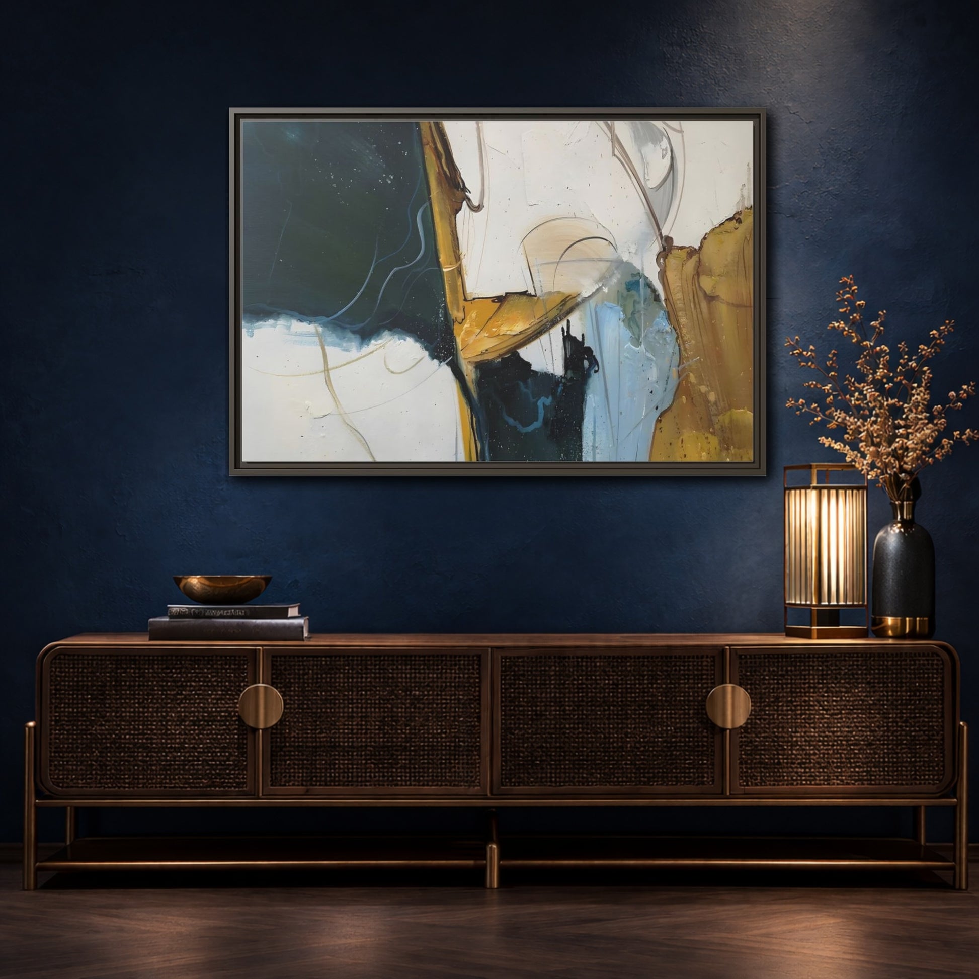Mockup 4. Abstract Abstract Forms Abstract Green Gold shown as stretched canvas wall art