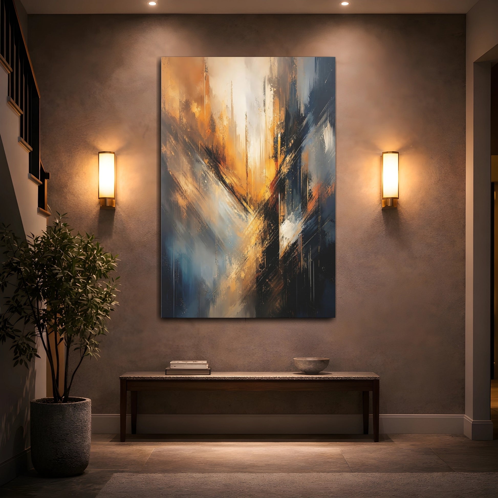 Mockup 2. Abstract Abstract Forms Abstract Orange Blue shown as stretched canvas wall art