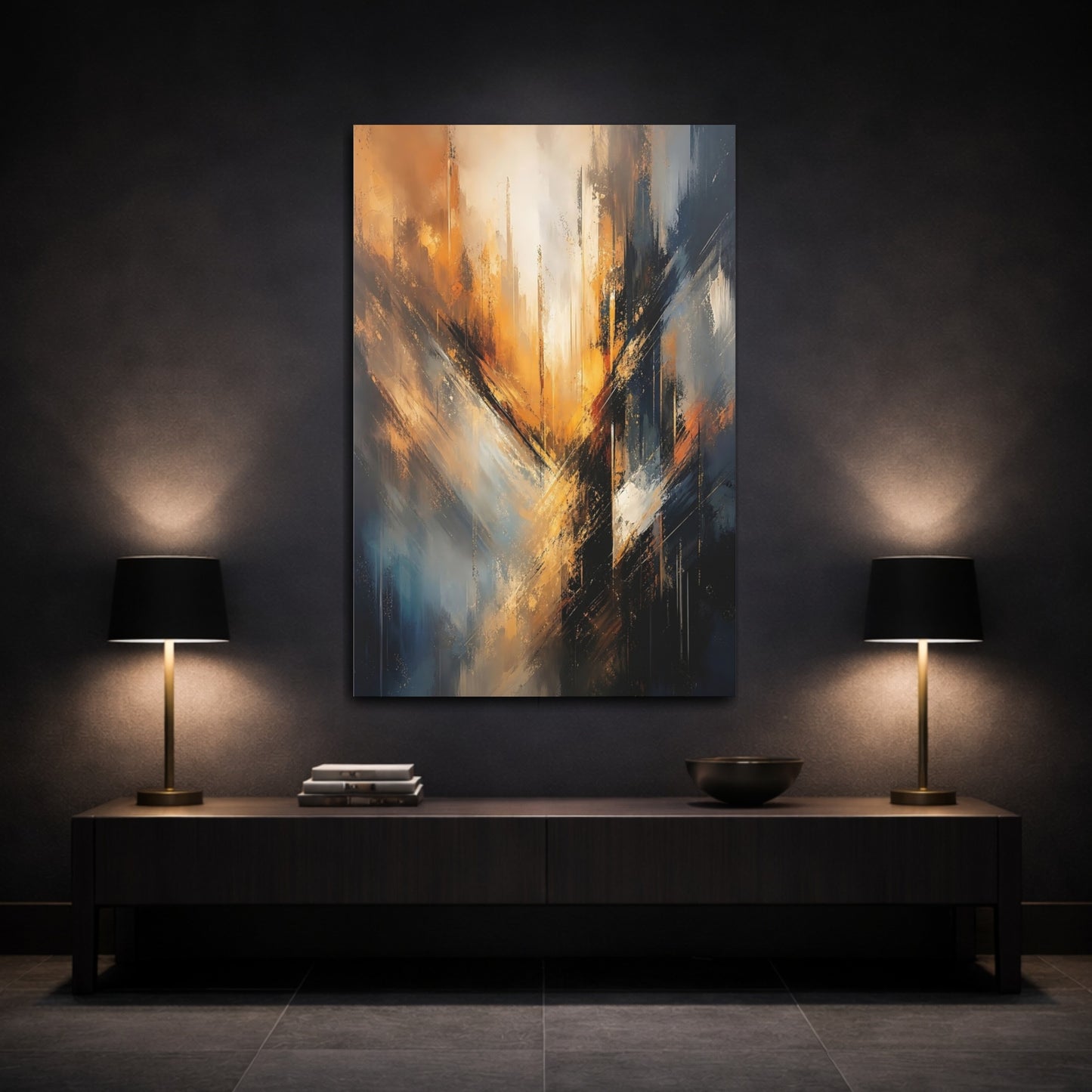 Mockup 3. Abstract Abstract Forms Abstract Orange Blue shown as stretched canvas wall art