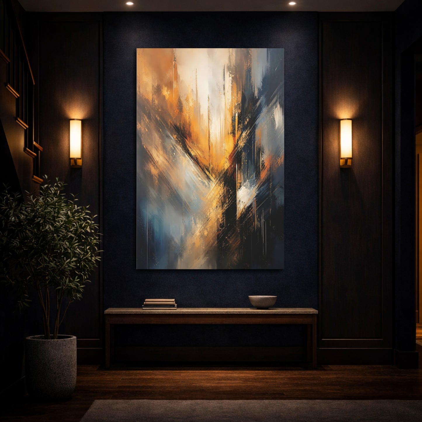 Mockup 4. Abstract Abstract Forms Abstract Orange Blue shown as stretched canvas wall art