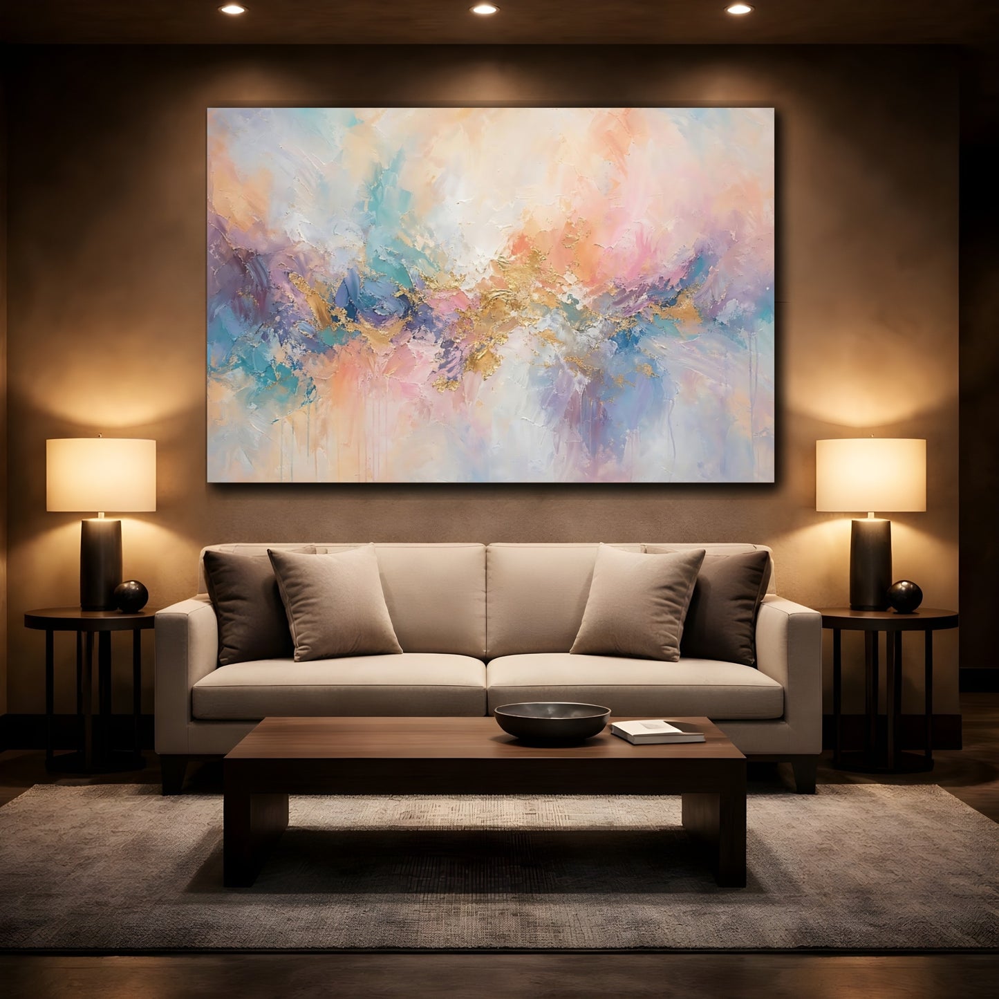 Mockup 2. Abstract Abstract Forms Abstract Pastel Gold shown as stretched canvas wall art