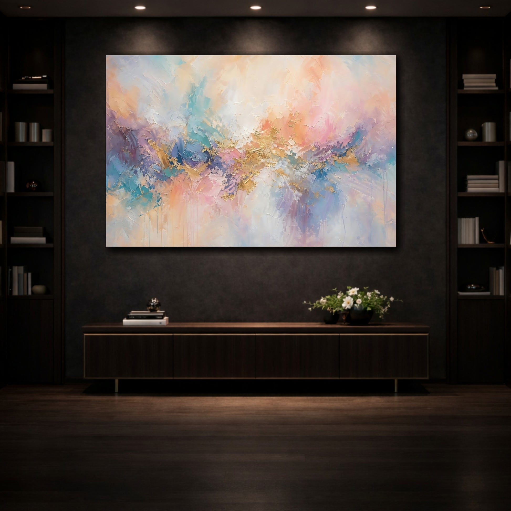 Mockup 3. Abstract Abstract Forms Abstract Pastel Gold shown as stretched canvas wall art