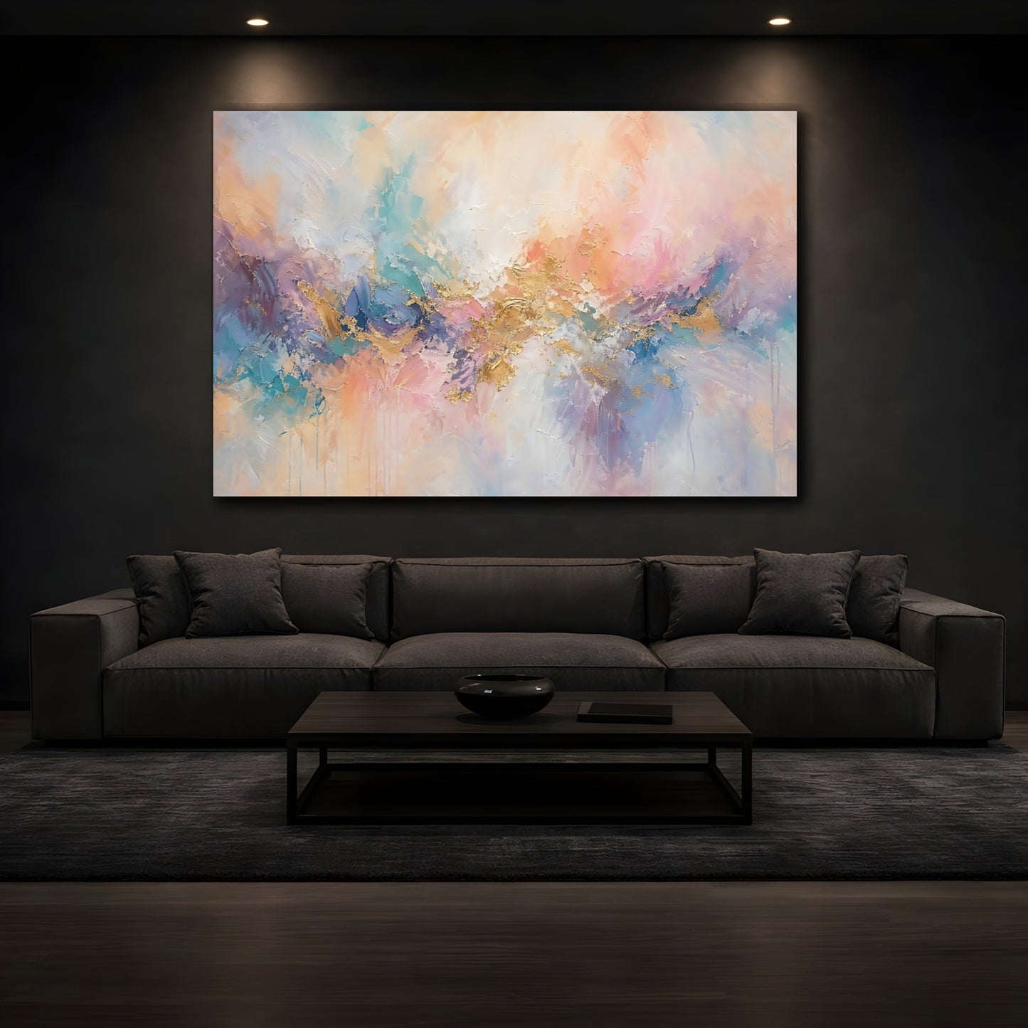 Mockup 4. Abstract Abstract Forms Abstract Pastel Gold shown as stretched canvas wall art