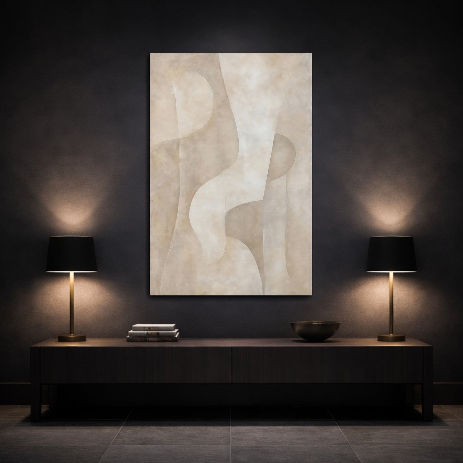 Mockup 3. Abstract Abstract Forms Beige Abstract shown as stretched canvas wall art