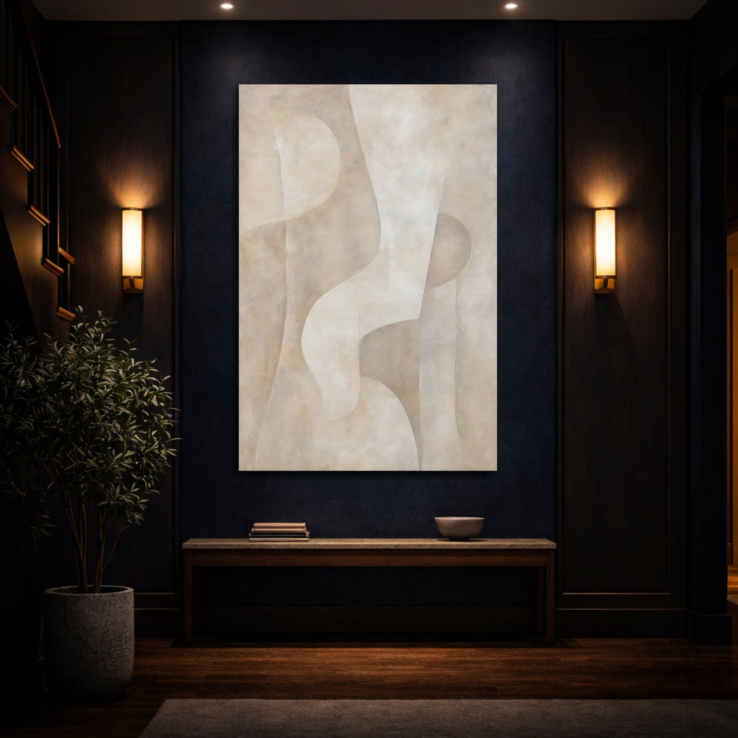 Mockup 4. Abstract Abstract Forms Beige Abstract shown as stretched canvas wall art