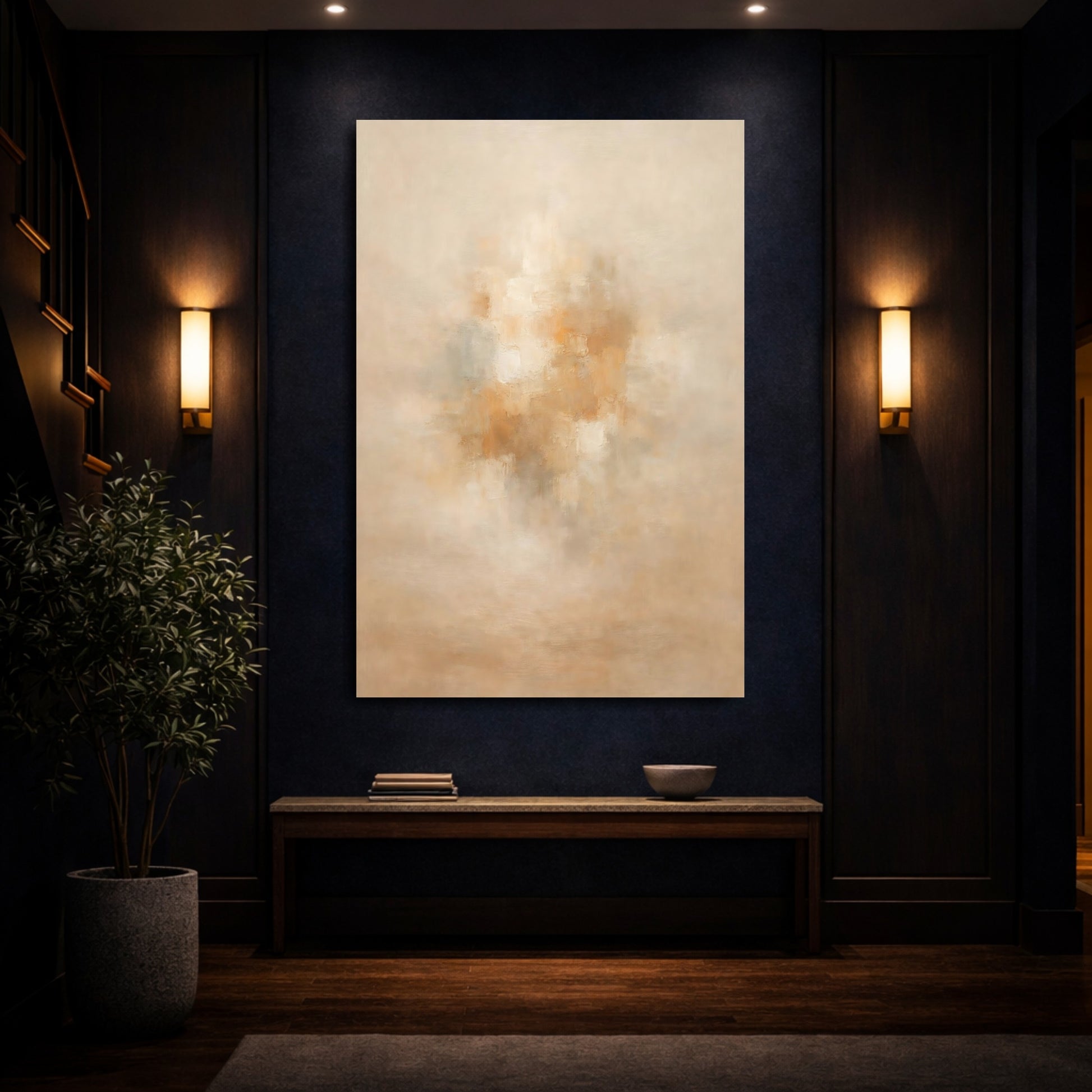 Mockup 3. Abstract Abstract Forms Beige Abstract Texture shown as stretched canvas wall art