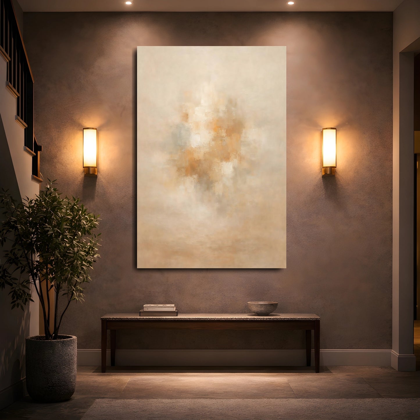 Mockup 4. Abstract Abstract Forms Beige Abstract Texture shown as stretched canvas wall art