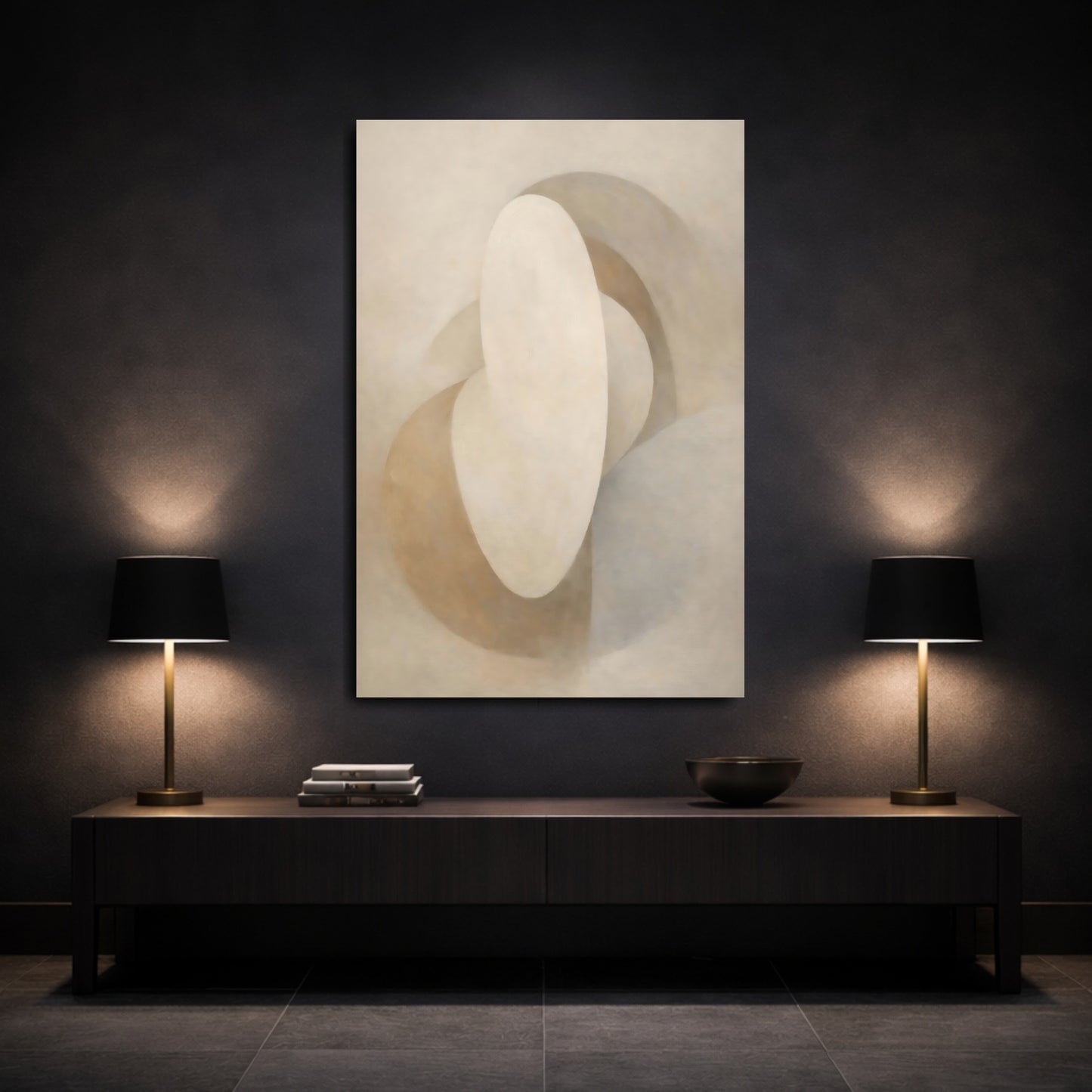 Mockup 2. Abstract Abstract Forms Beige And Brown shown as stretched canvas wall art