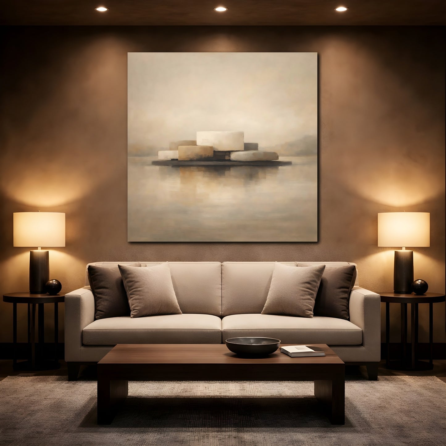 Mockup 2. Abstract Abstract Forms Beige And Brown shown as stretched canvas wall art