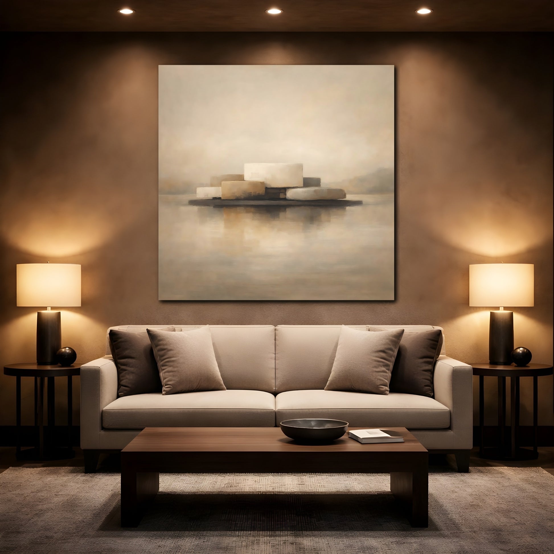 Mockup 2. Abstract Abstract Forms Beige And Brown shown as stretched canvas wall art