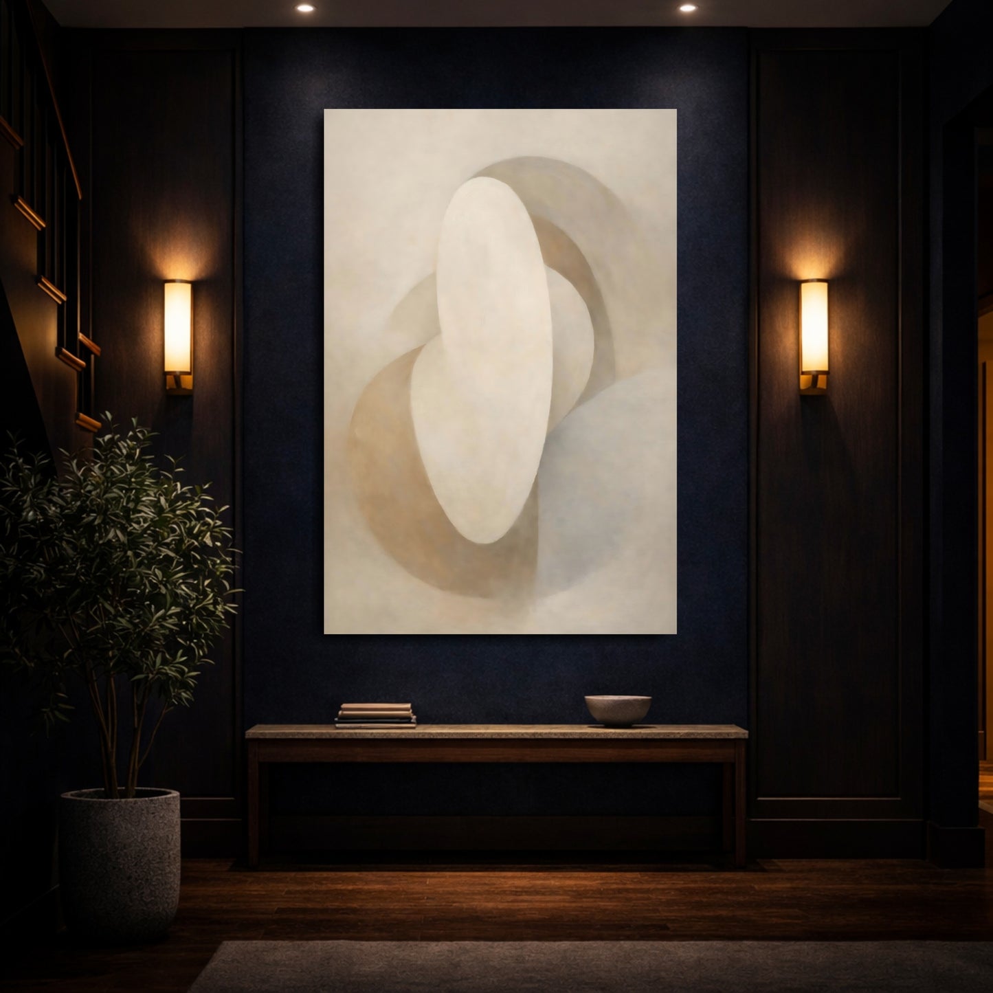 Mockup 3. Abstract Abstract Forms Beige And Brown shown as stretched canvas wall art